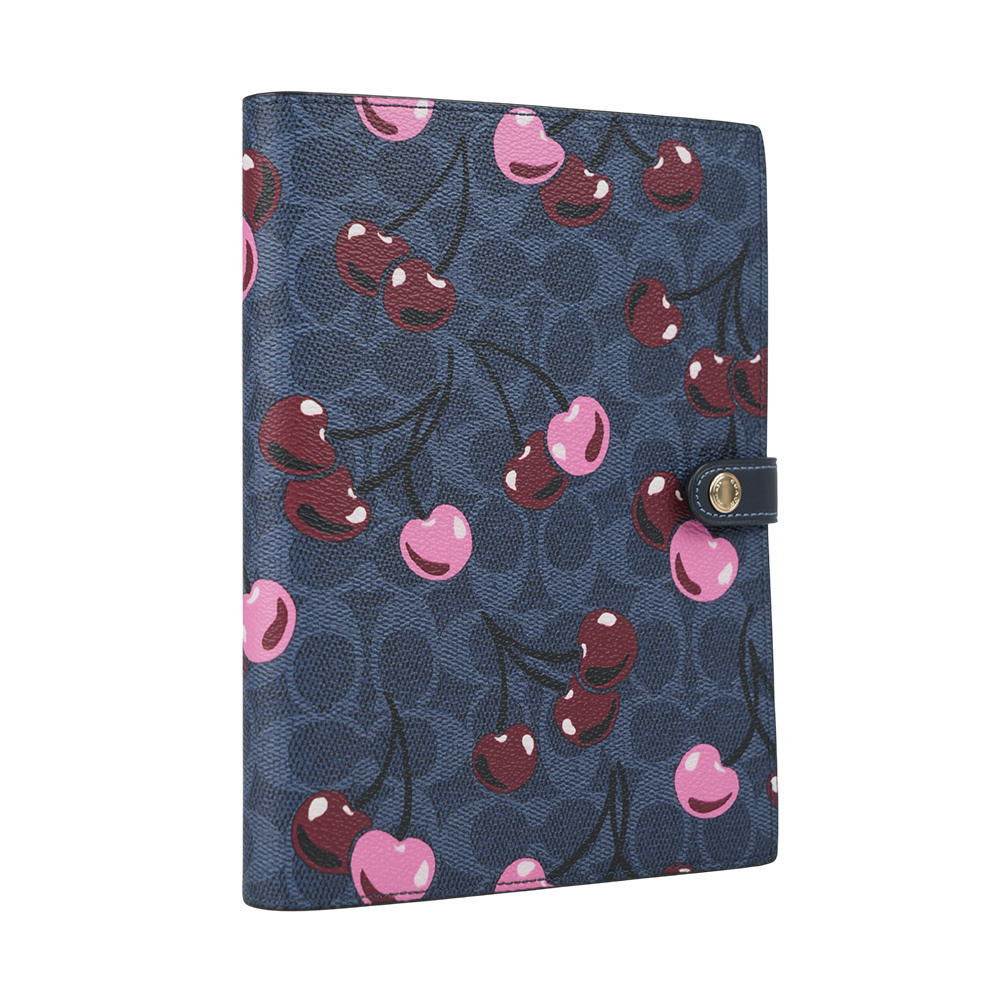 【COACH】櫻桃圖案塗層帆布及皮革筆記本/記事本(牛仔藍)