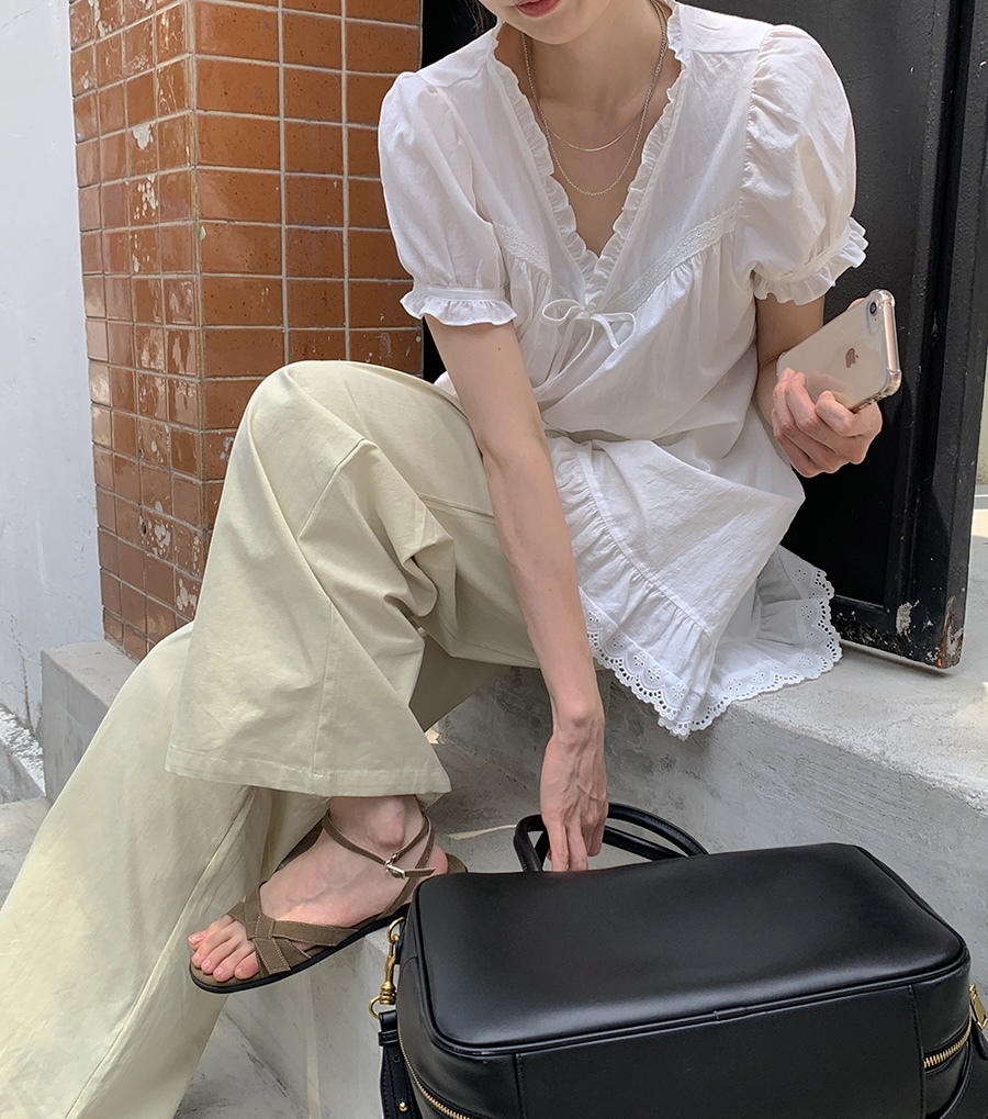 #228N427 純白浪漫，田園通花邊邊短袖長上衣