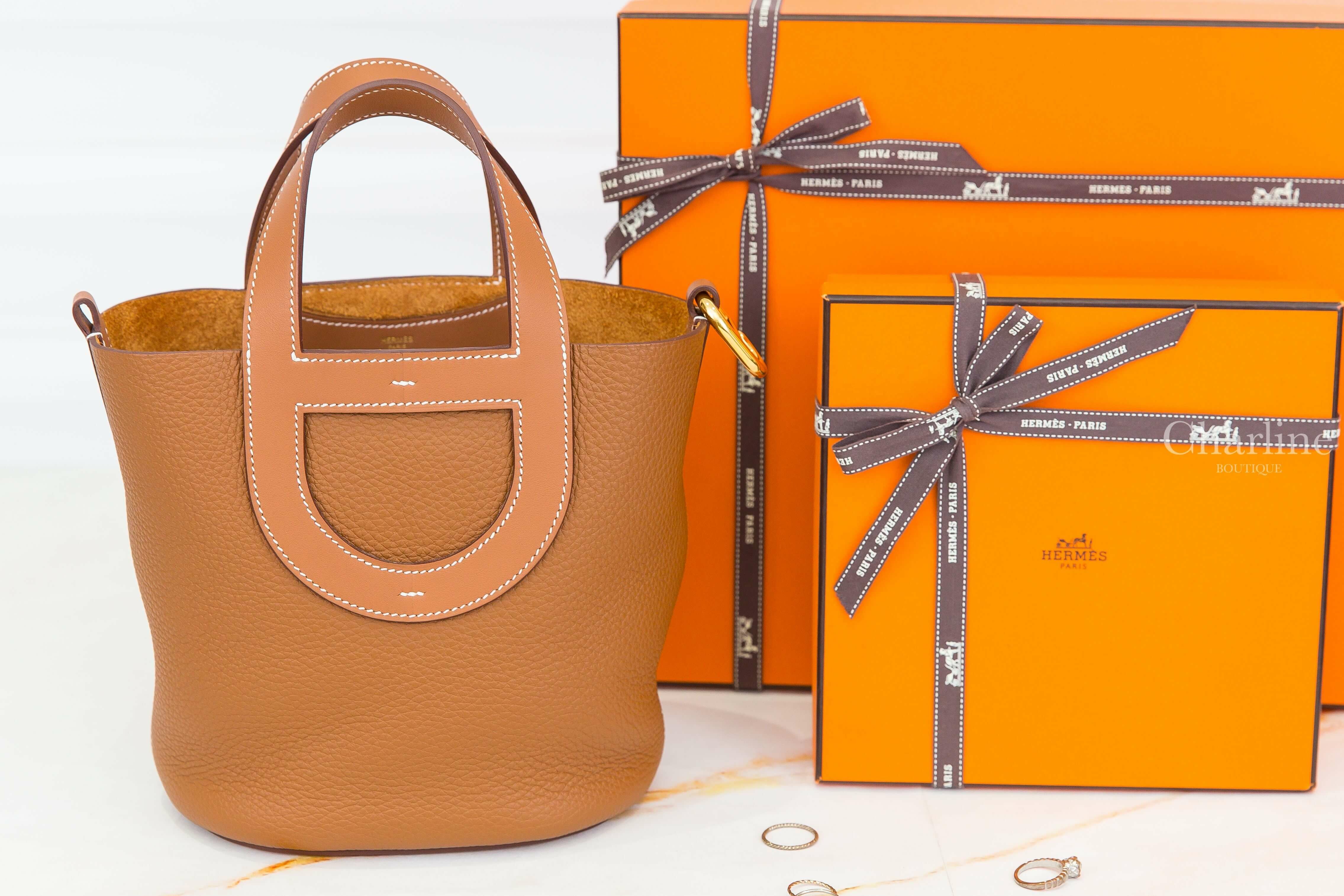 Hermès In The Loop 18cm 37 Gold Taurillon Clemence 焦糖色金釦小型提把水桶包
