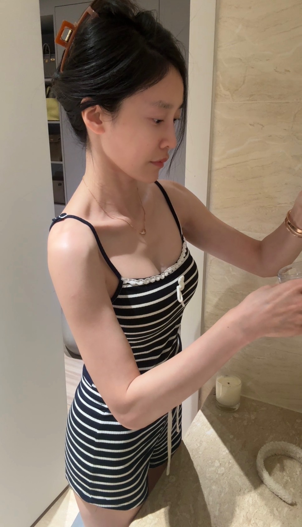 條紋蝴蝶結睡衣套裝(含胸墊)