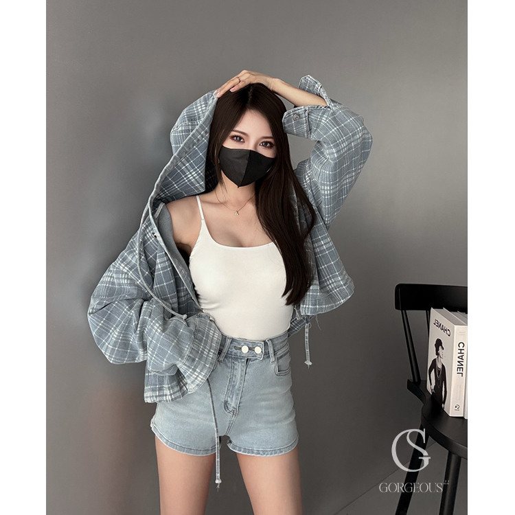 G7734 現貨「高磅格紋連帽牛仔外套」