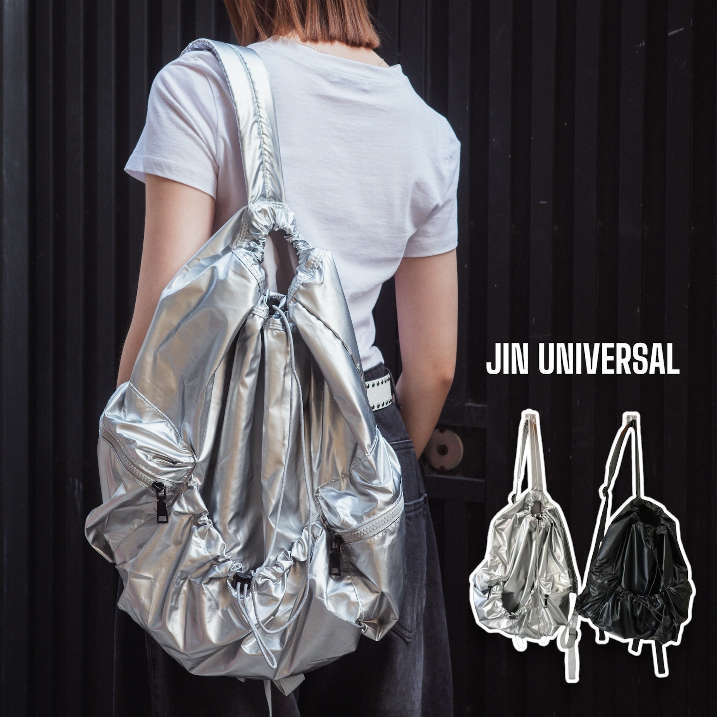 JIN UNIVERSAL亮漆面 束口 拉鍊 後背包