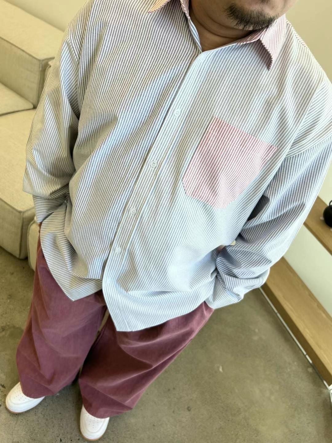 正韓➸設計拼接條紋挺版襯衫