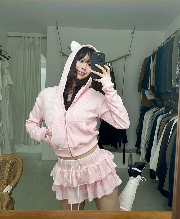 ArtByTastybabe 可愛貓貓 粉色套裝  貓耳連帽外套 雙層蛋糕裙