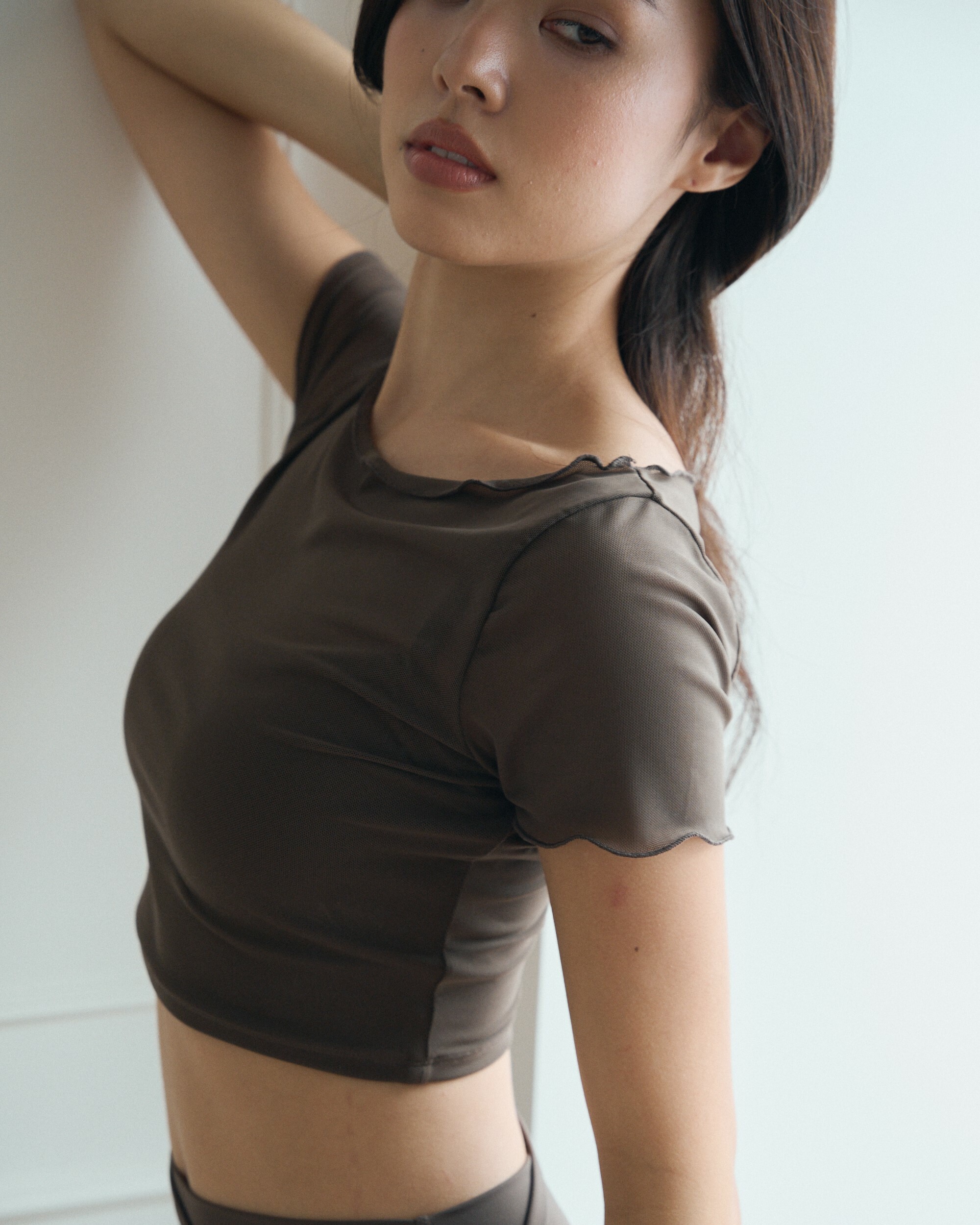 彈性網紗假兩件短袖Bra top上衣-咖啡