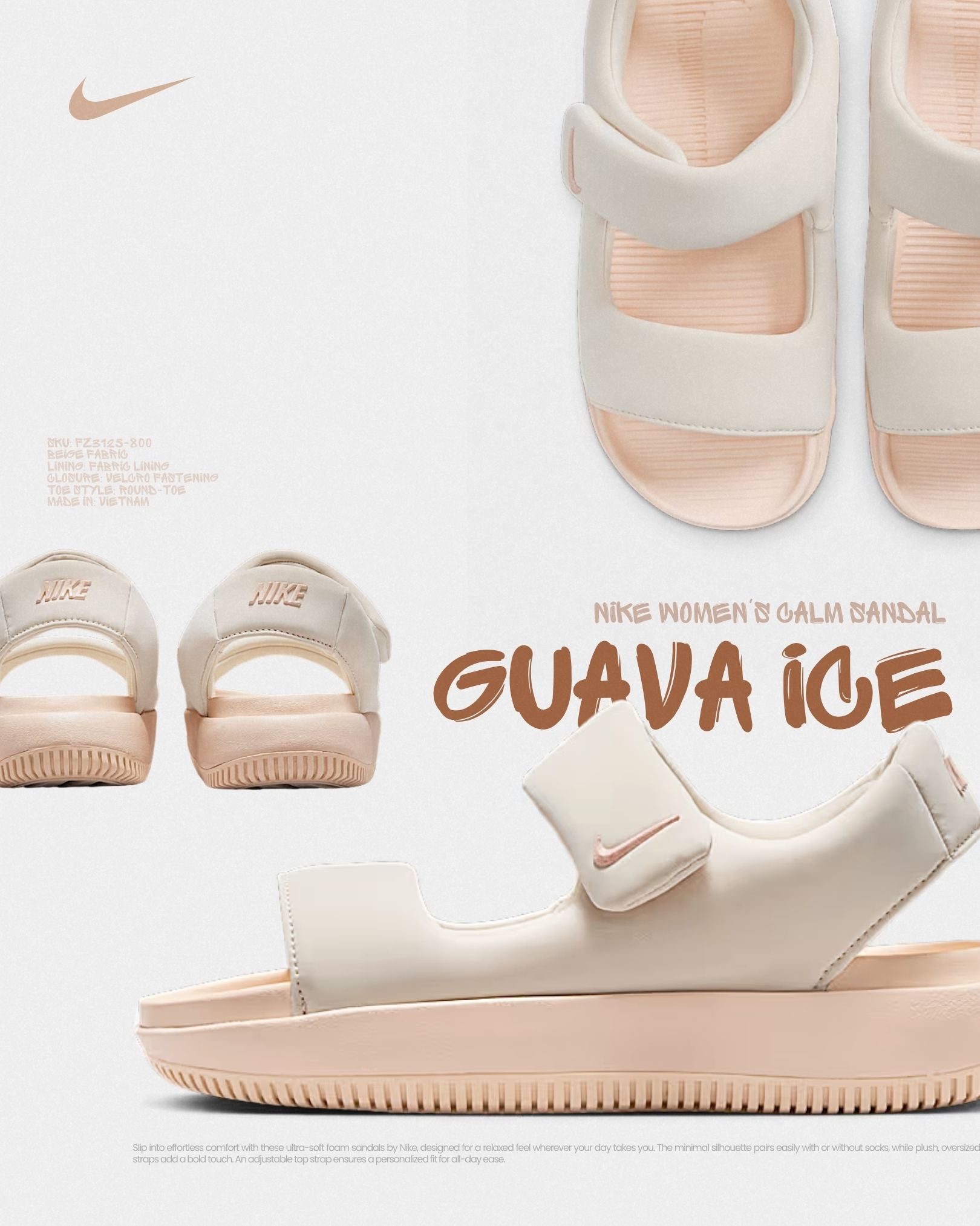 【逢甲 FUZZY】W Nike Calm Sandal 麵包 涼鞋 拖鞋 涼拖鞋 魔鬼氈 FZ3125-800