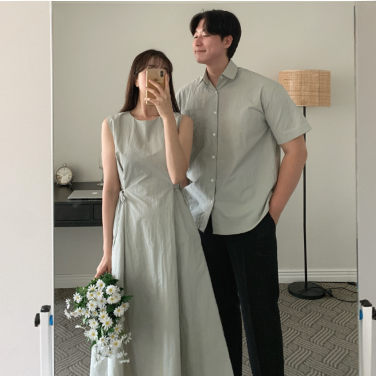 夏季尼龍休閒情侶裝（男款襯衫 / 女款抽繩收腰背心長洋）