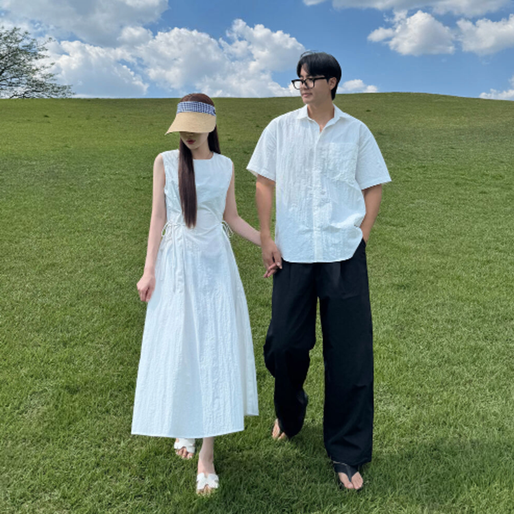 夏季尼龍休閒情侶裝（男款襯衫 / 女款抽繩收腰背心長洋）