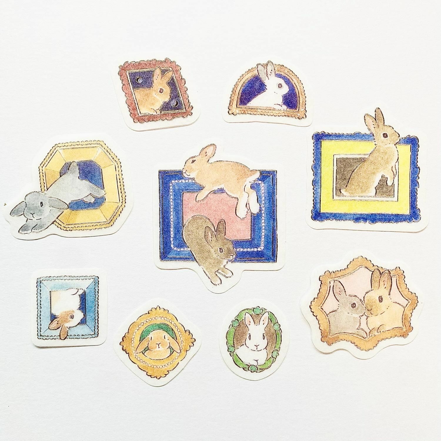 畫框兔子 燙金 54枚 和紙貼紙包 森山標子｜日本 PAPIER PLATZ