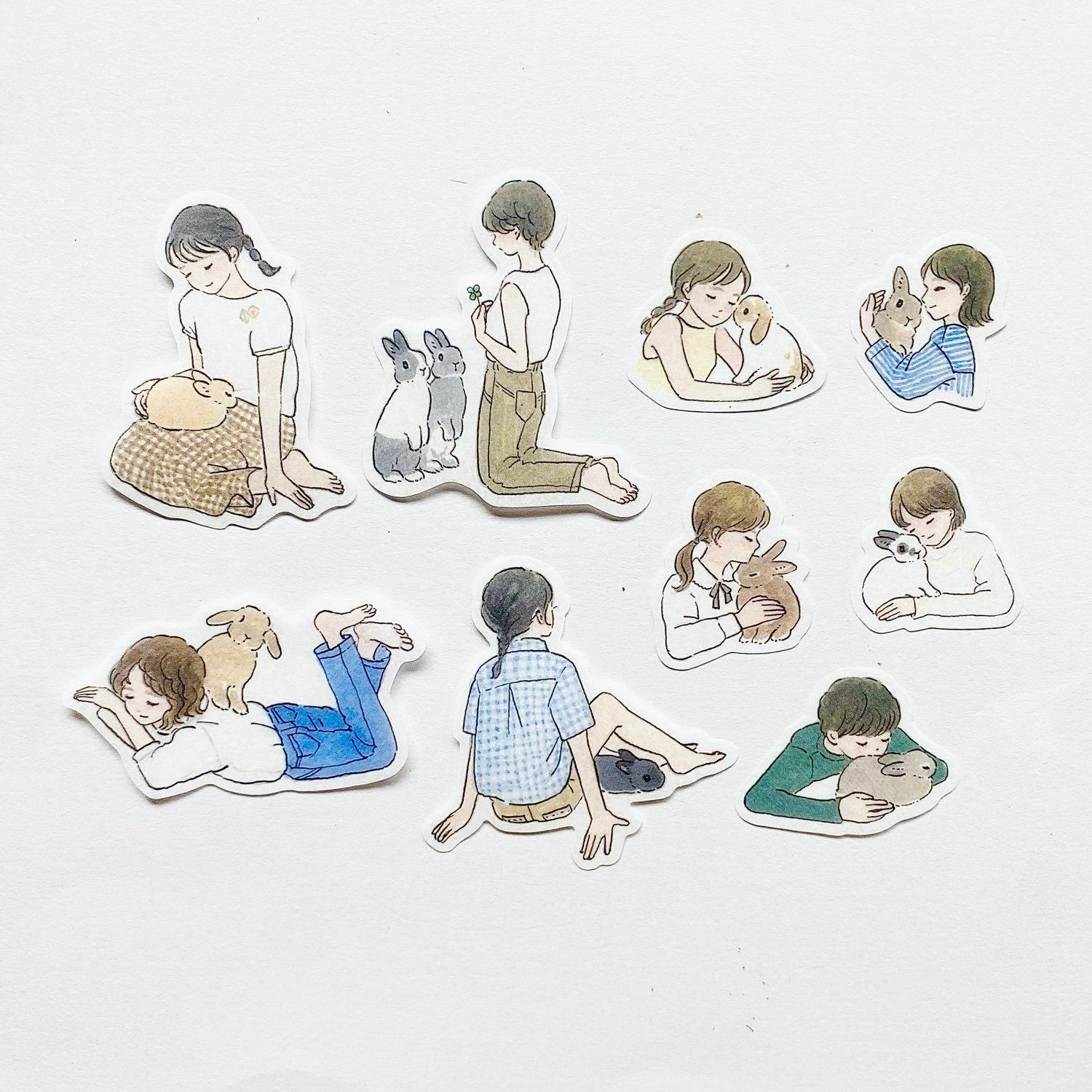 兔子與女孩 54枚 和紙貼紙包 森山標子｜日本 PAPIER PLATZ