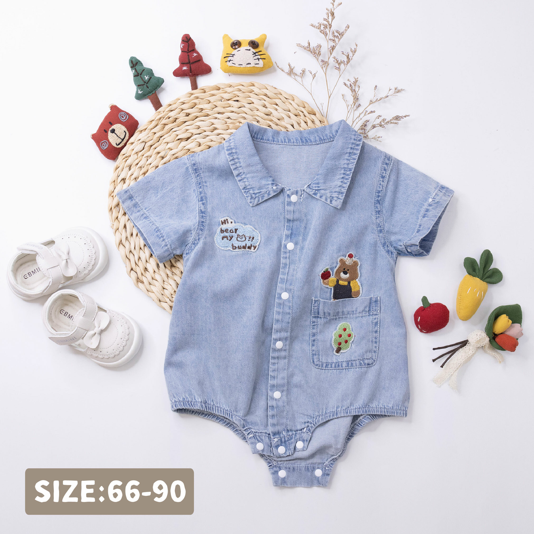 【JG0466】小熊摘蘋果舒適牛仔包屁衣