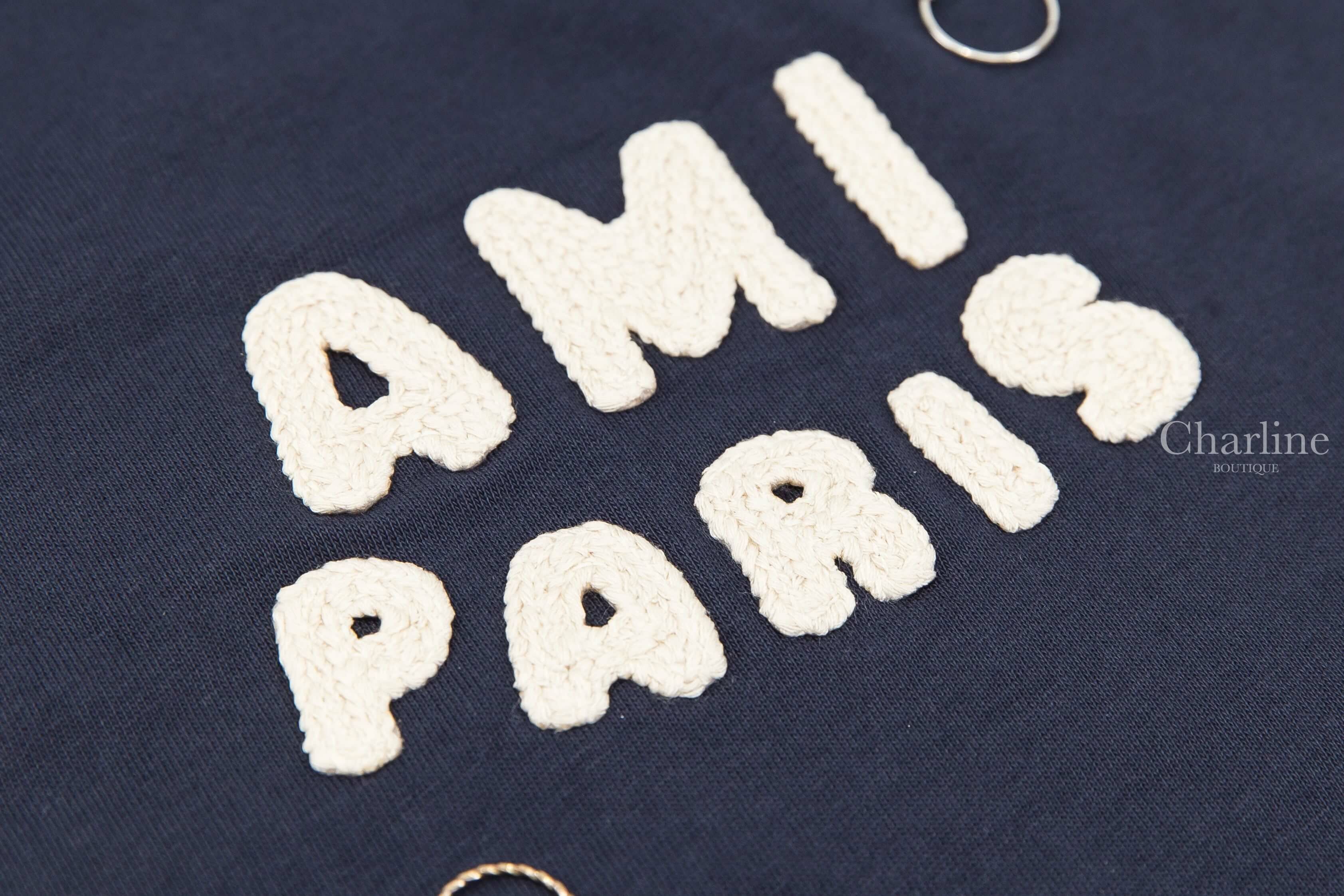 Ami Paris Navy Cotton Ami Paris Patch T-shirt 海軍藍奶油白編織立體字母短袖棉T