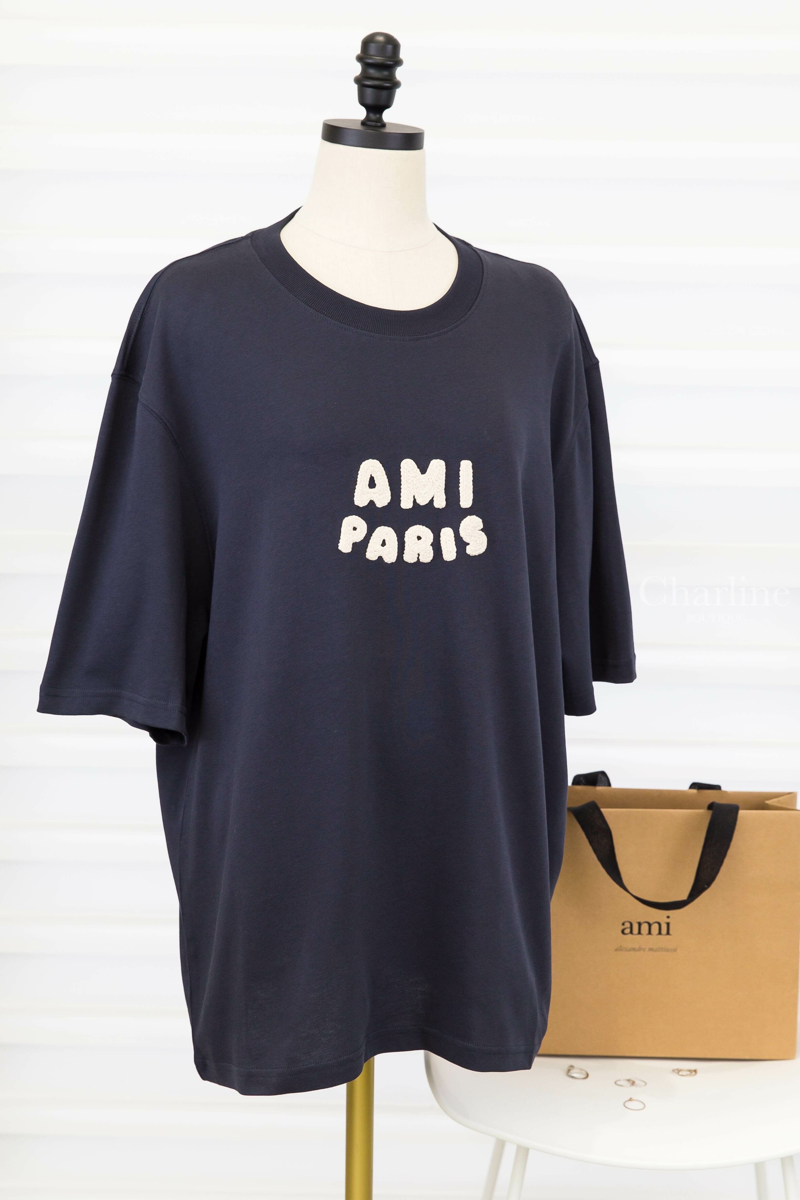 Ami Paris Navy Cotton Ami Paris Patch T-shirt 海軍藍奶油白編織立體字母短袖棉T-Charline Boutique 精品代購