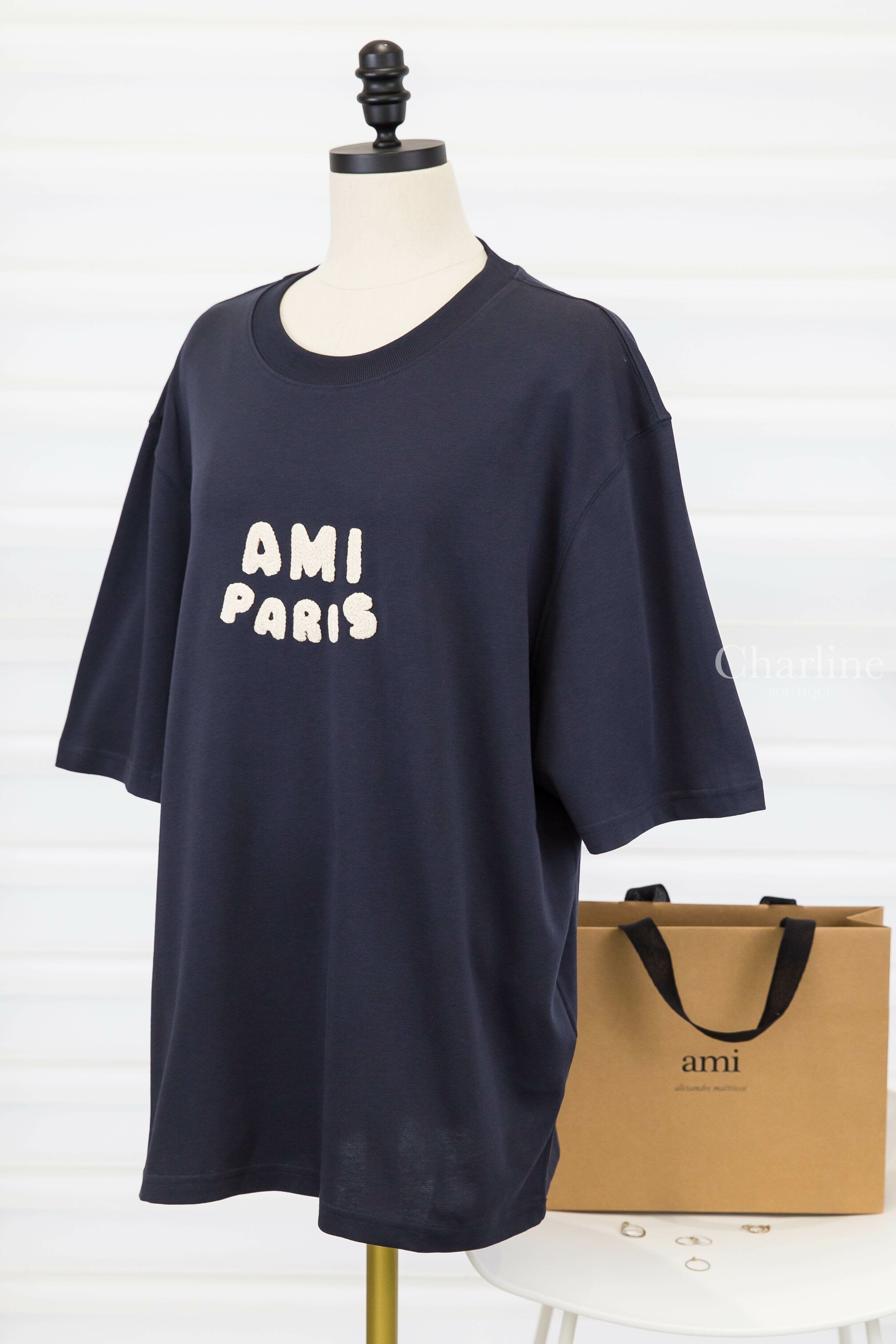 Ami Paris Navy Cotton Ami Paris Patch T-shirt 海軍藍奶油白編織立體字母短袖棉T-Charline Boutique 精品代購