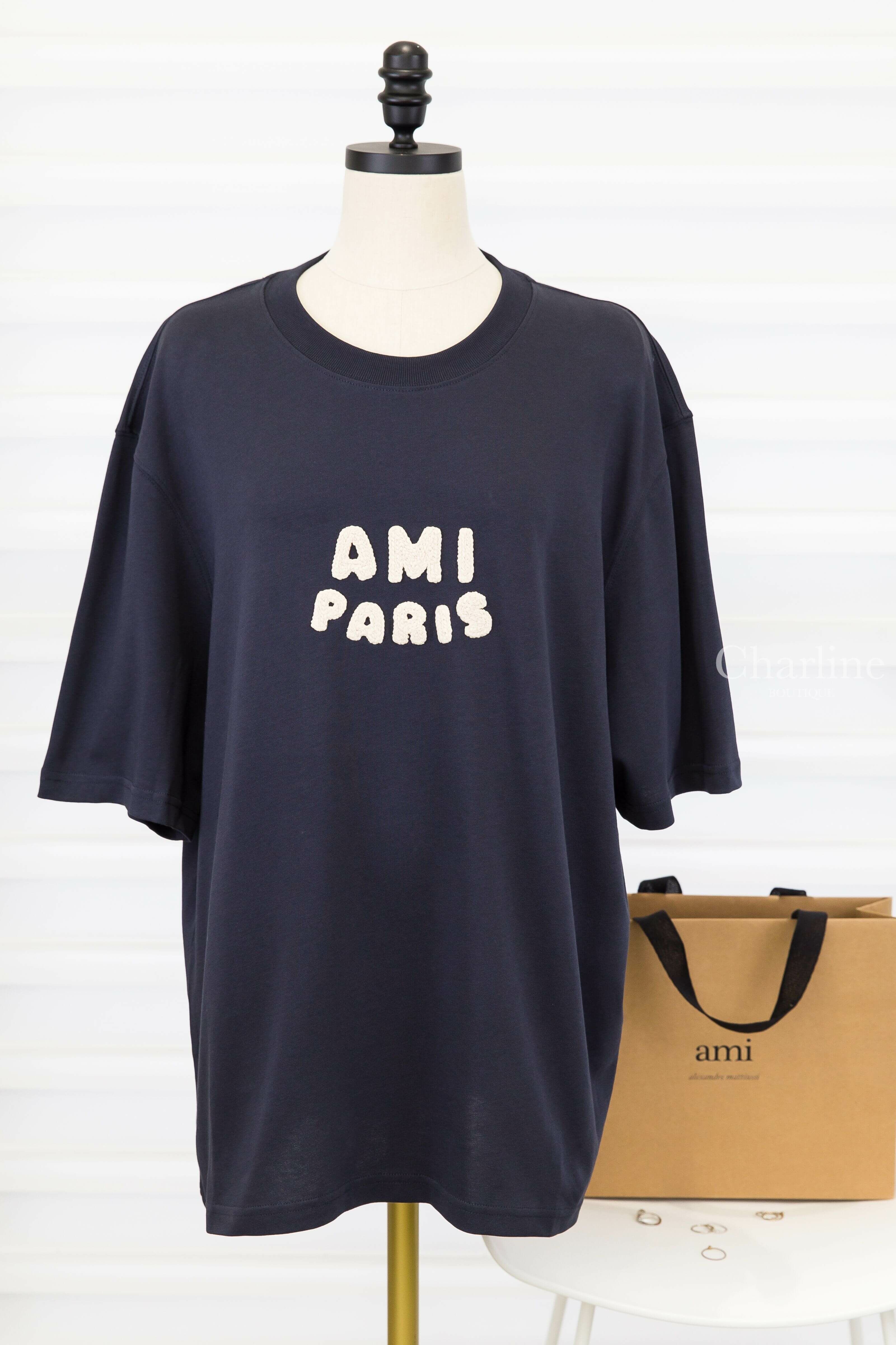 Ami Paris Navy Cotton Ami Paris Patch T-shirt 海軍藍奶油白編織立體字母短袖棉T