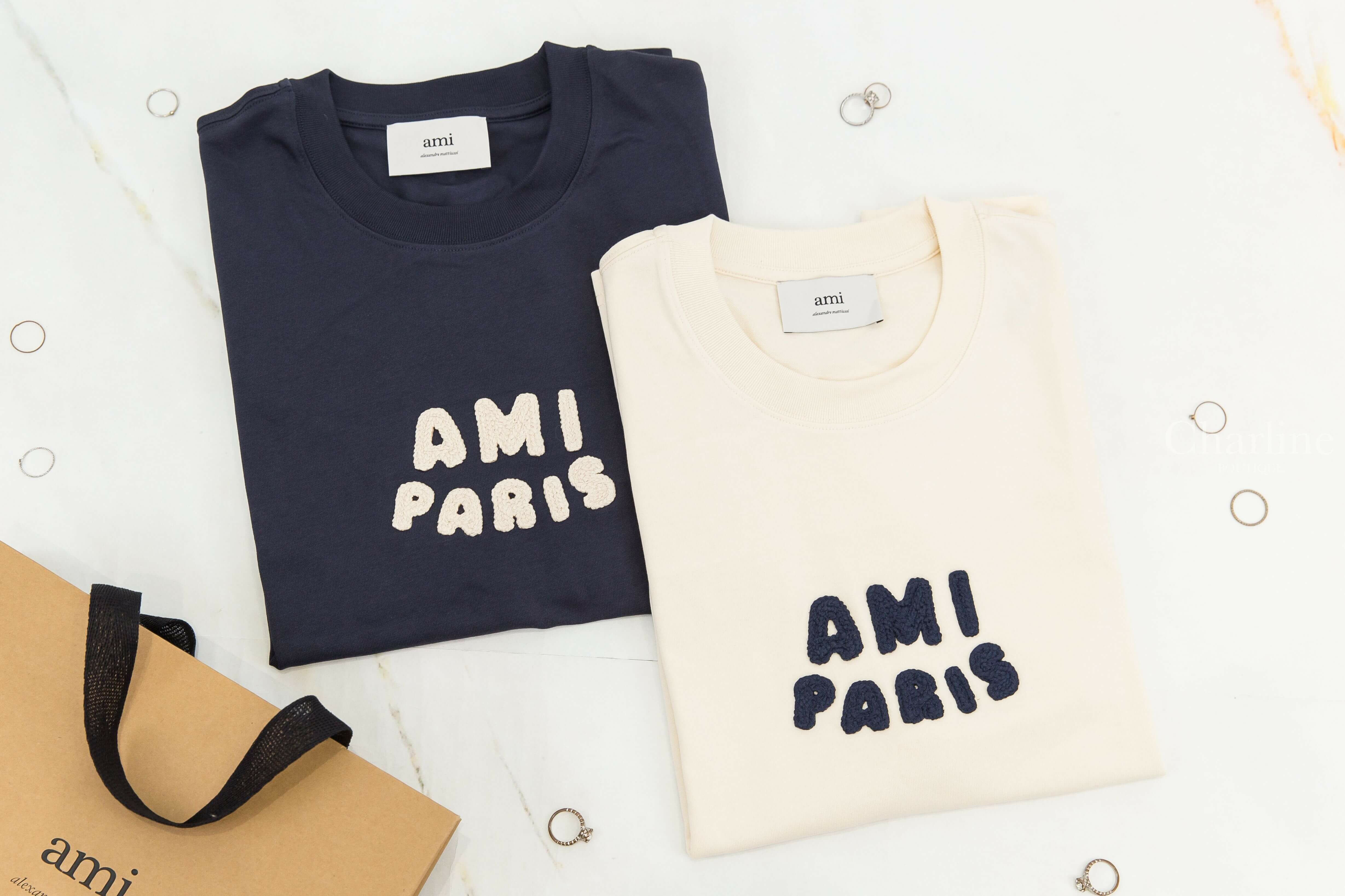 Ami Paris 奶油白海軍藍編織立體字母短袖棉T,Ami Paris 海軍藍奶油白編織立體字母短袖棉T-Charline Boutique 精品代購