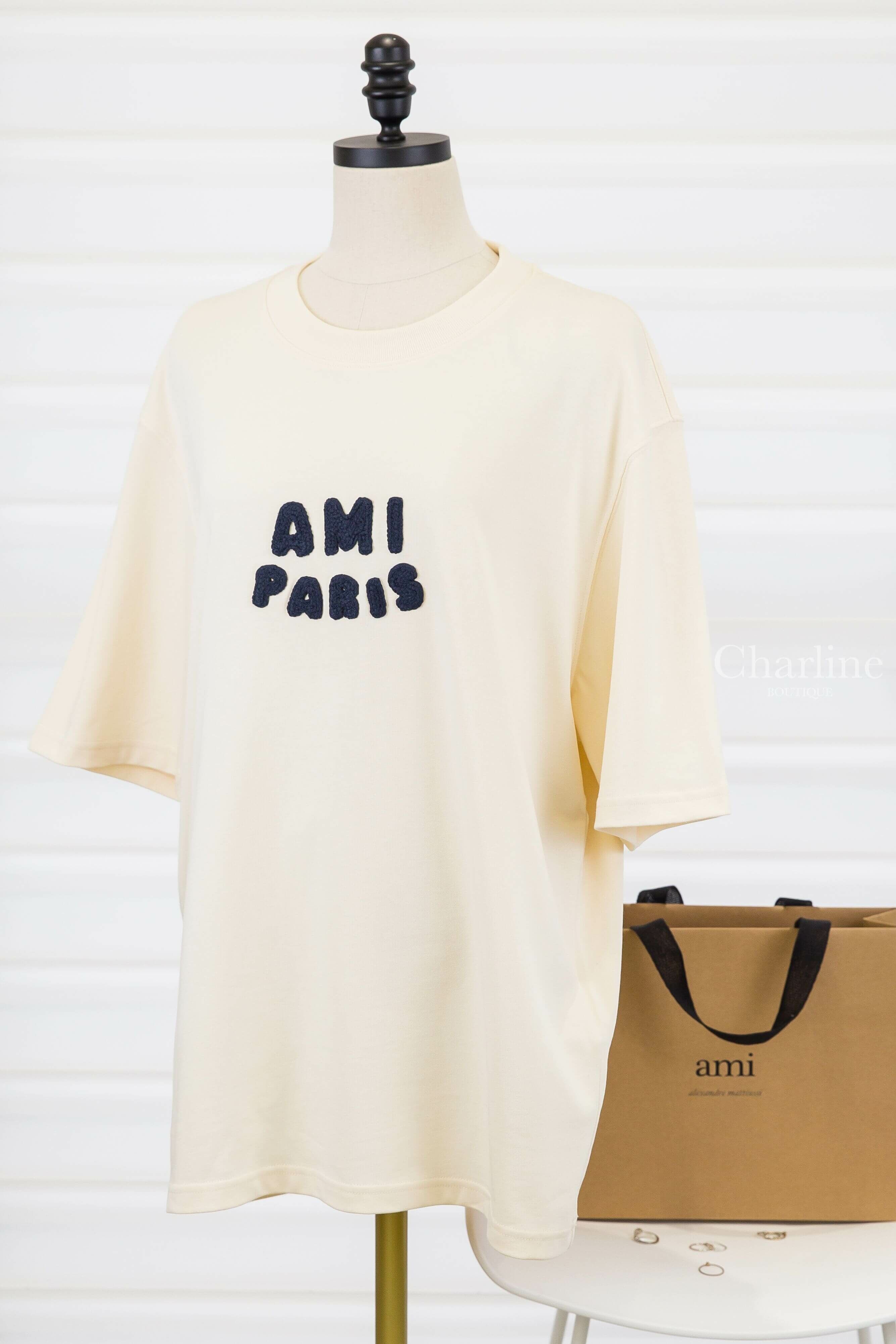 Ami Paris Beige Cotton Ami Paris Patch T-shirt 奶油白海軍藍編織立體字母短袖棉T-Charline Boutique 精品代購