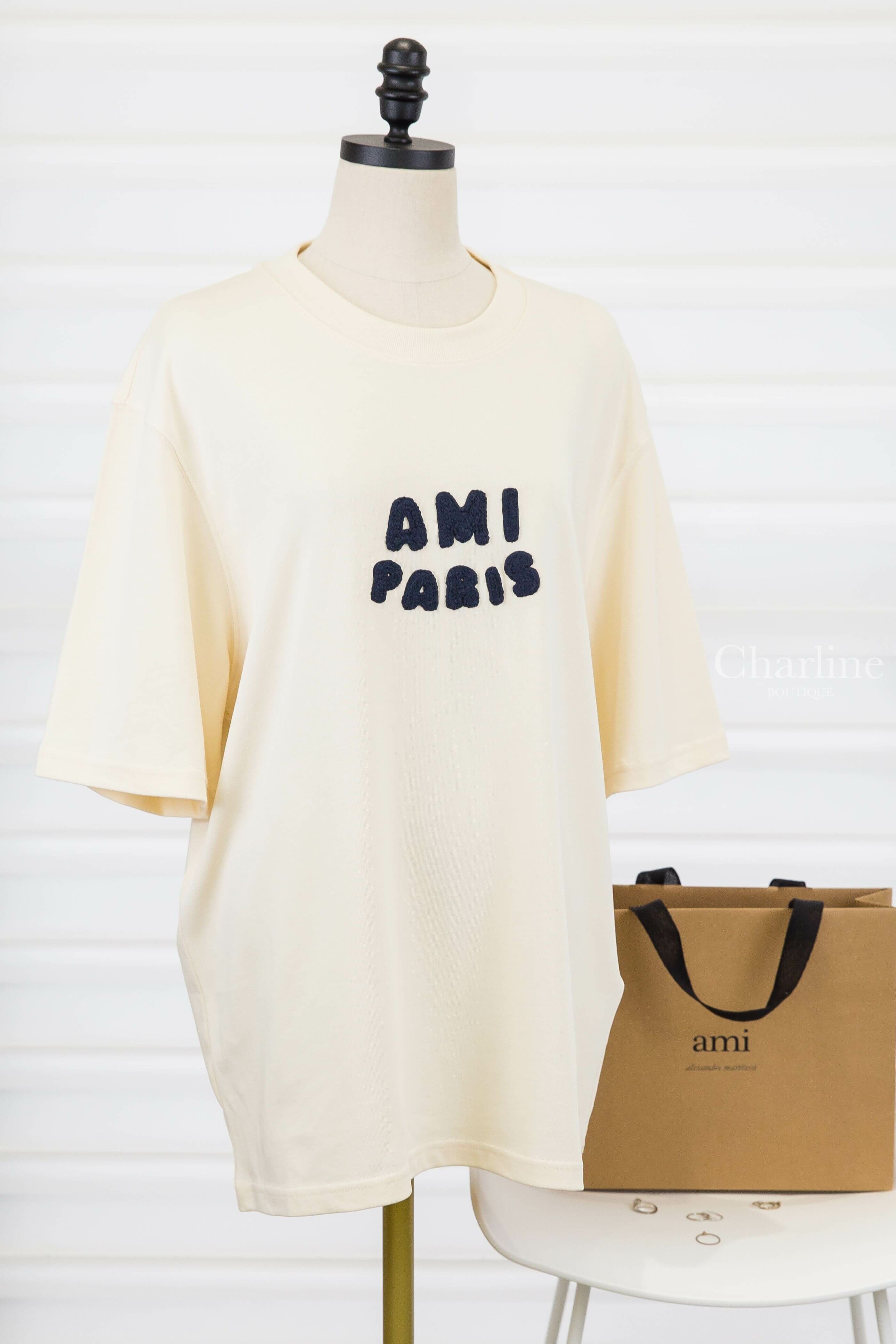 Ami Paris Beige Cotton Ami Paris Patch T-shirt 奶油白海軍藍編織立體字母短袖棉T-Charline Boutique 精品代購