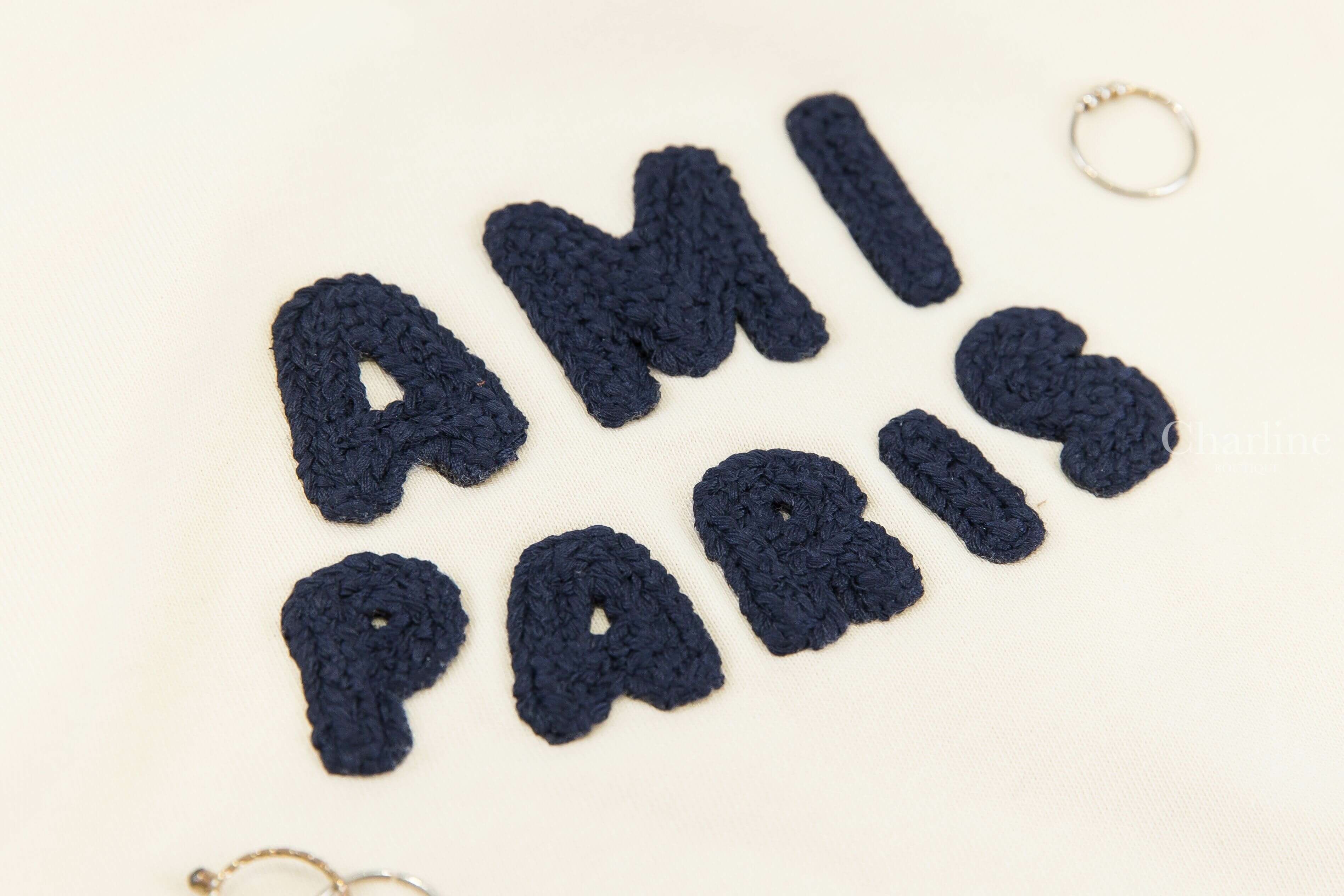 Ami Paris Beige Cotton Ami Paris Patch T-shirt 奶油白海軍藍編織立體字母短袖棉T