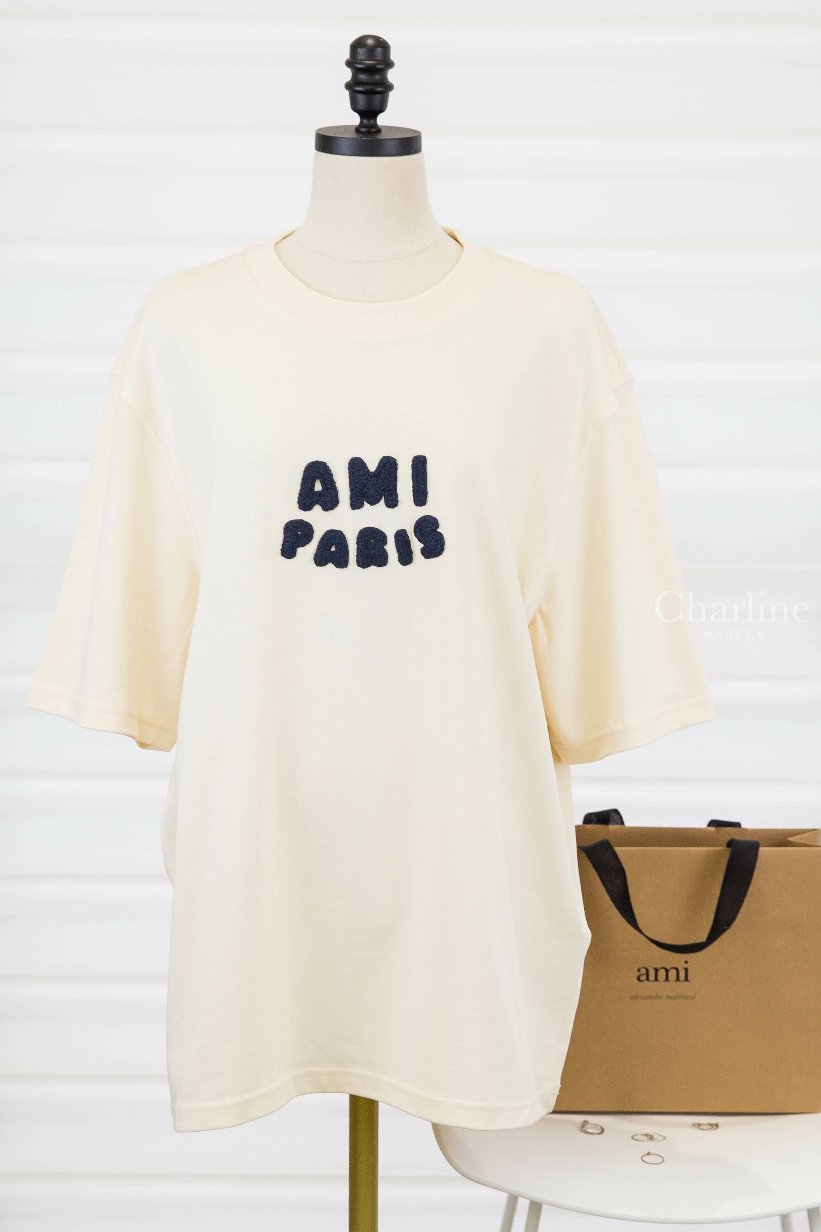 Ami Paris Beige Cotton Ami Paris Patch T-shirt 奶油白海軍藍編織立體字母短袖棉T