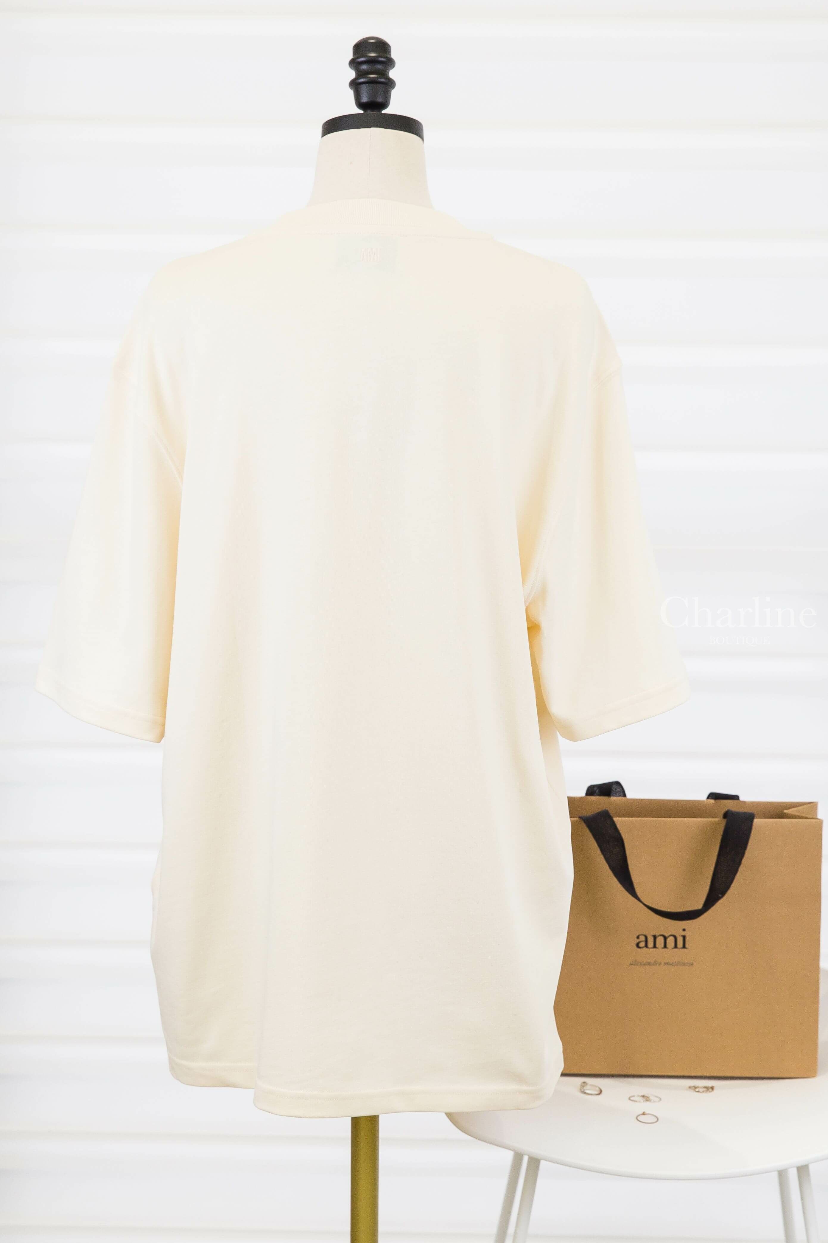 Ami Paris Beige Cotton Ami Paris Patch T-shirt 奶油白海軍藍編織立體字母短袖棉T-Charline Boutique 精品代購