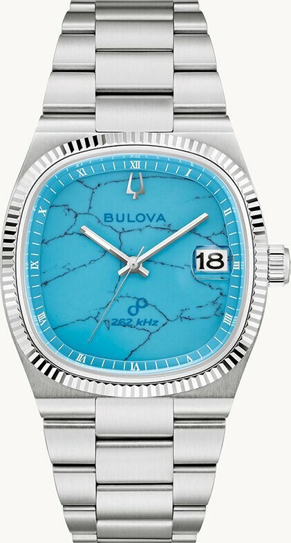 萬年鐘錶 - BULOVA 寶路華   Super Seville 超級塞維利亞系列  方形復古262kHz超頻精準  綠松石錶盤石英機芯男錶 96B455  錶徑 38MM