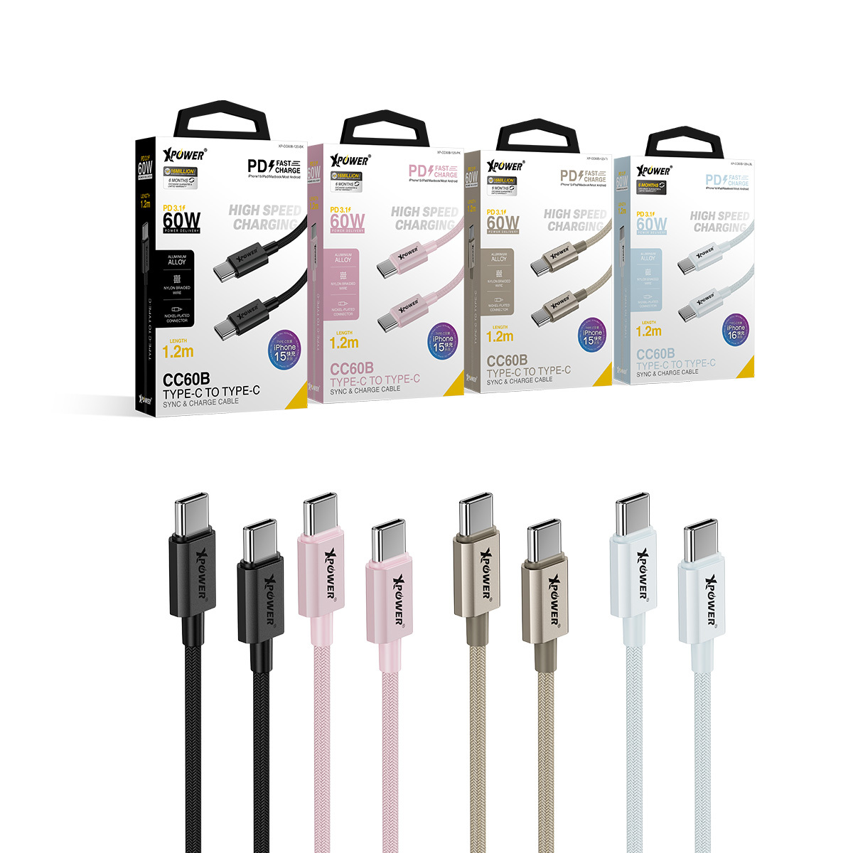 XPower CC60B 1.2m 鋁合金60W高速傳輸充電Type-C>Type-C線