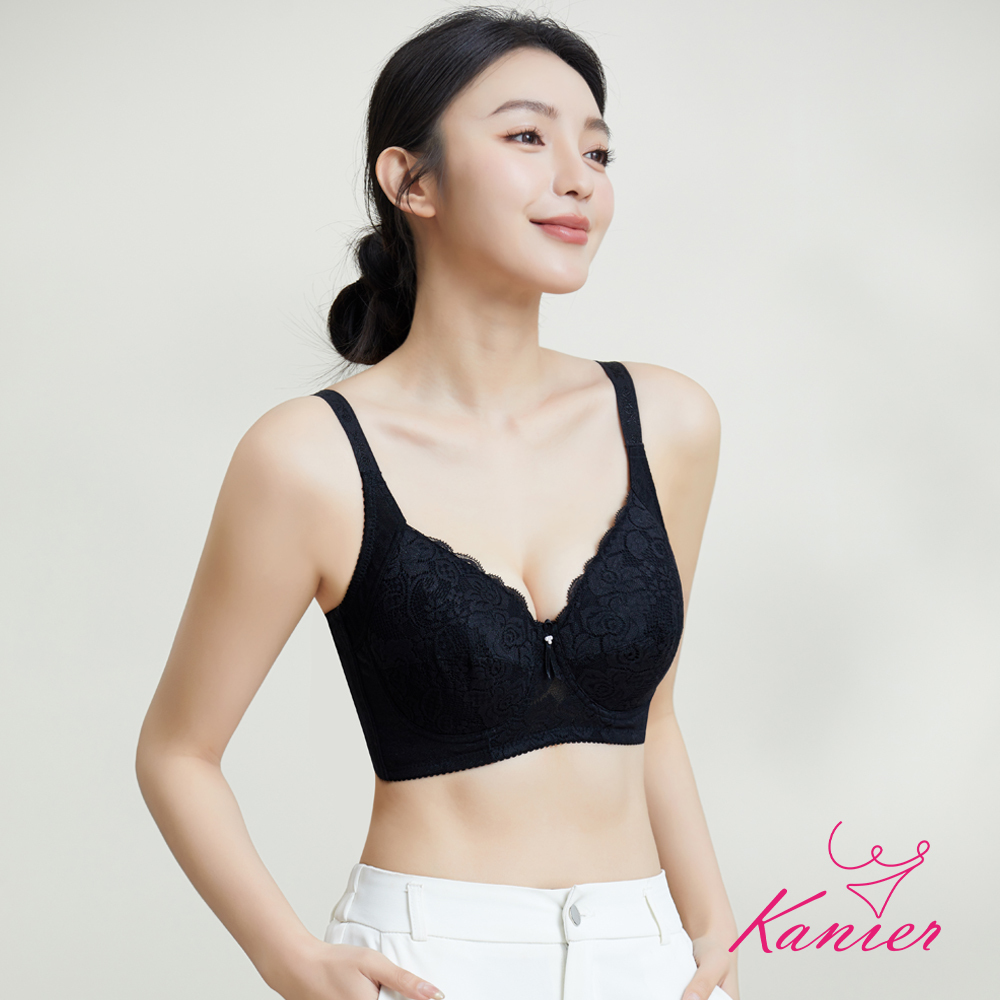 【Kanier卡妮兒】斜邊加高 古典緹花蕾絲 調整型 全罩式內衣【 2561 絲絨黑 C 罩杯 】