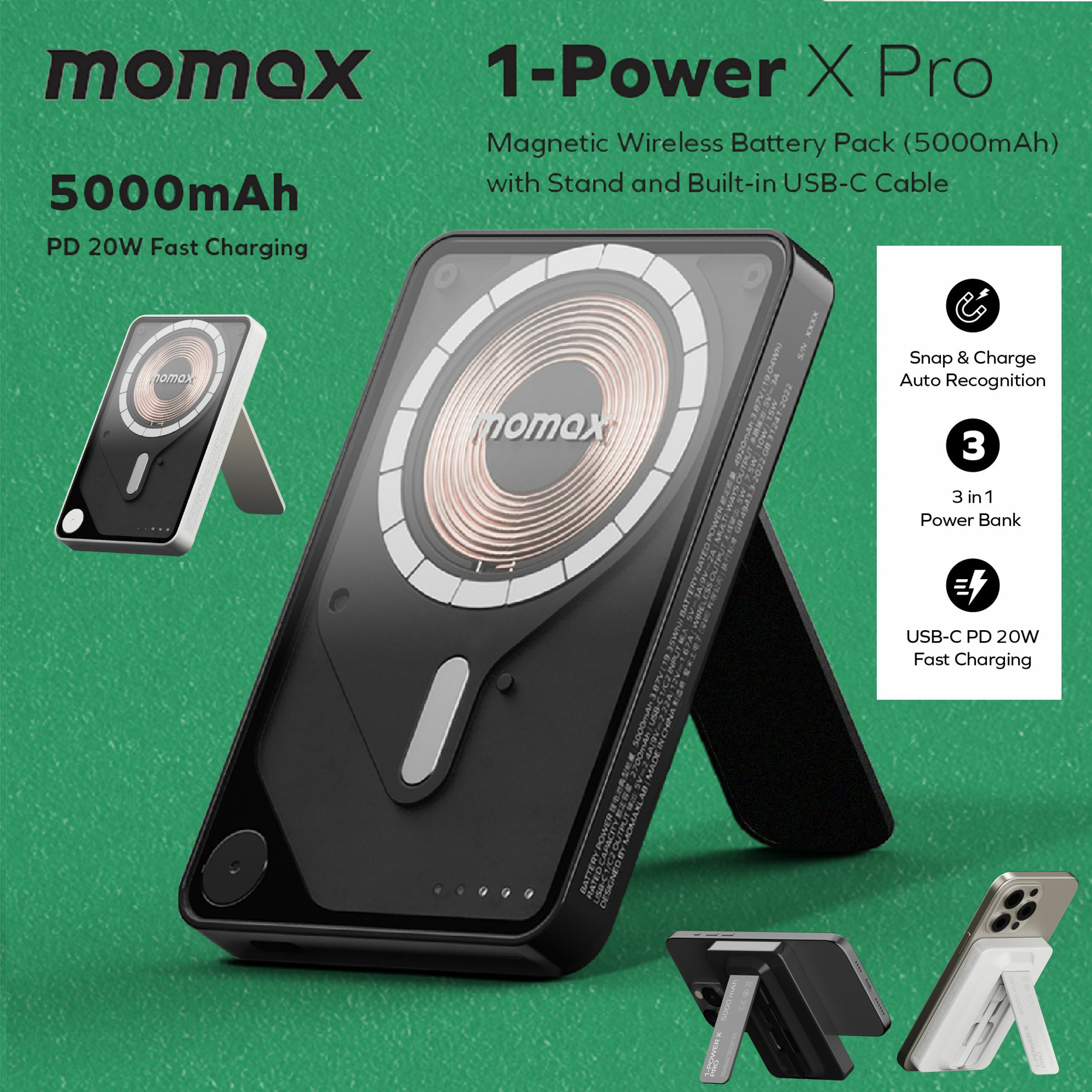 MOMAX 1-Power X Pro 5000mAh 內置USB-C線移動源支架 (黑色) IP131HKD《香港行貨》《2年保養》