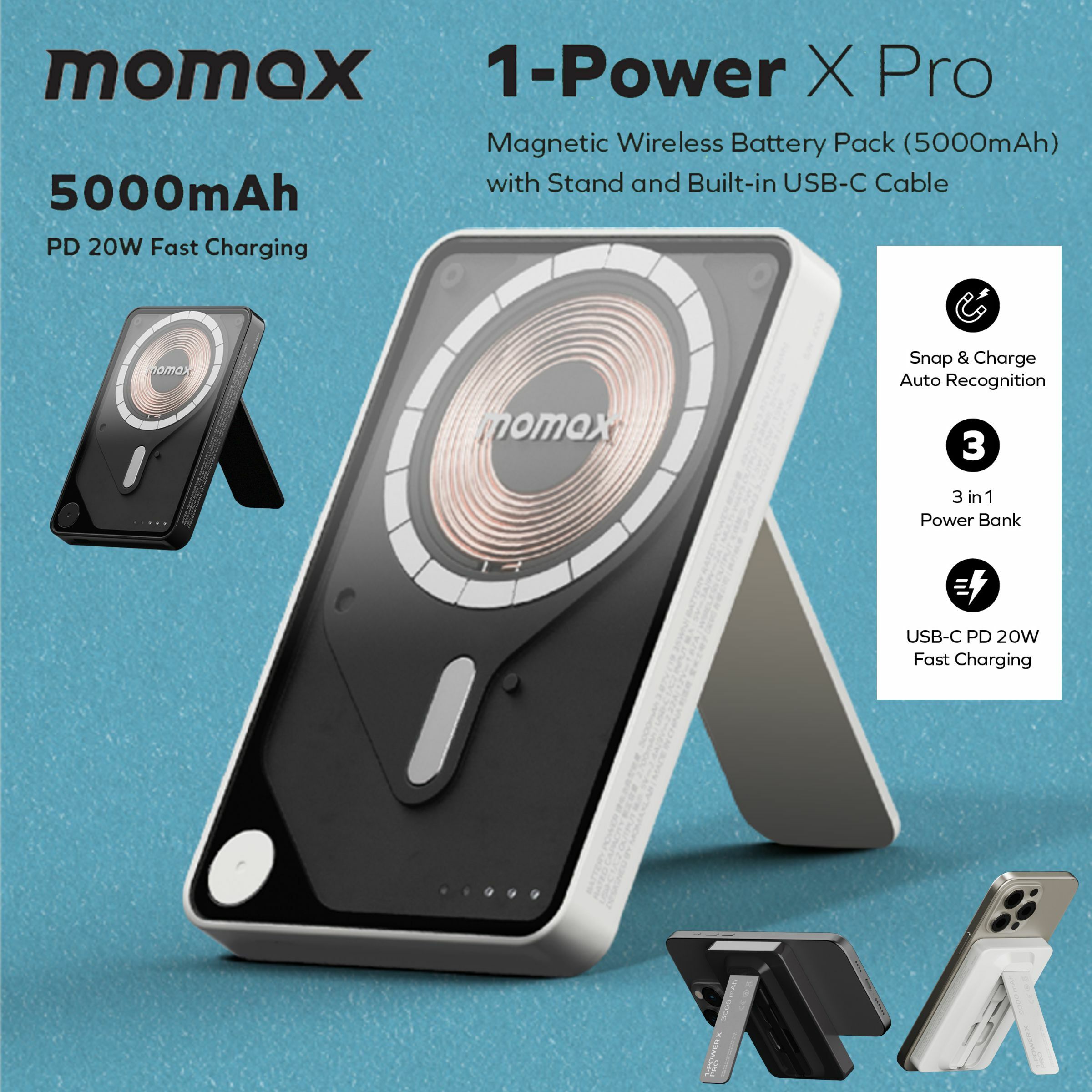 MOMAX 1-Power X Pro 5000mAh 內置USB-C線移動源支架 (白色) IP131HKW《香港行貨》《2年保養》