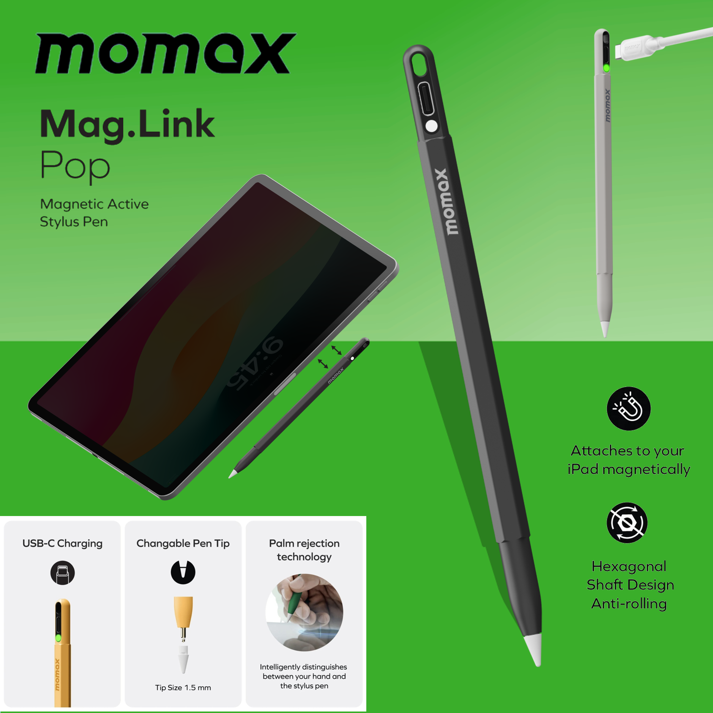 MOMAX Mag.Link Pop 主動式電容觸控筆 (黑色) TP10D《香港行貨》《2年保養》