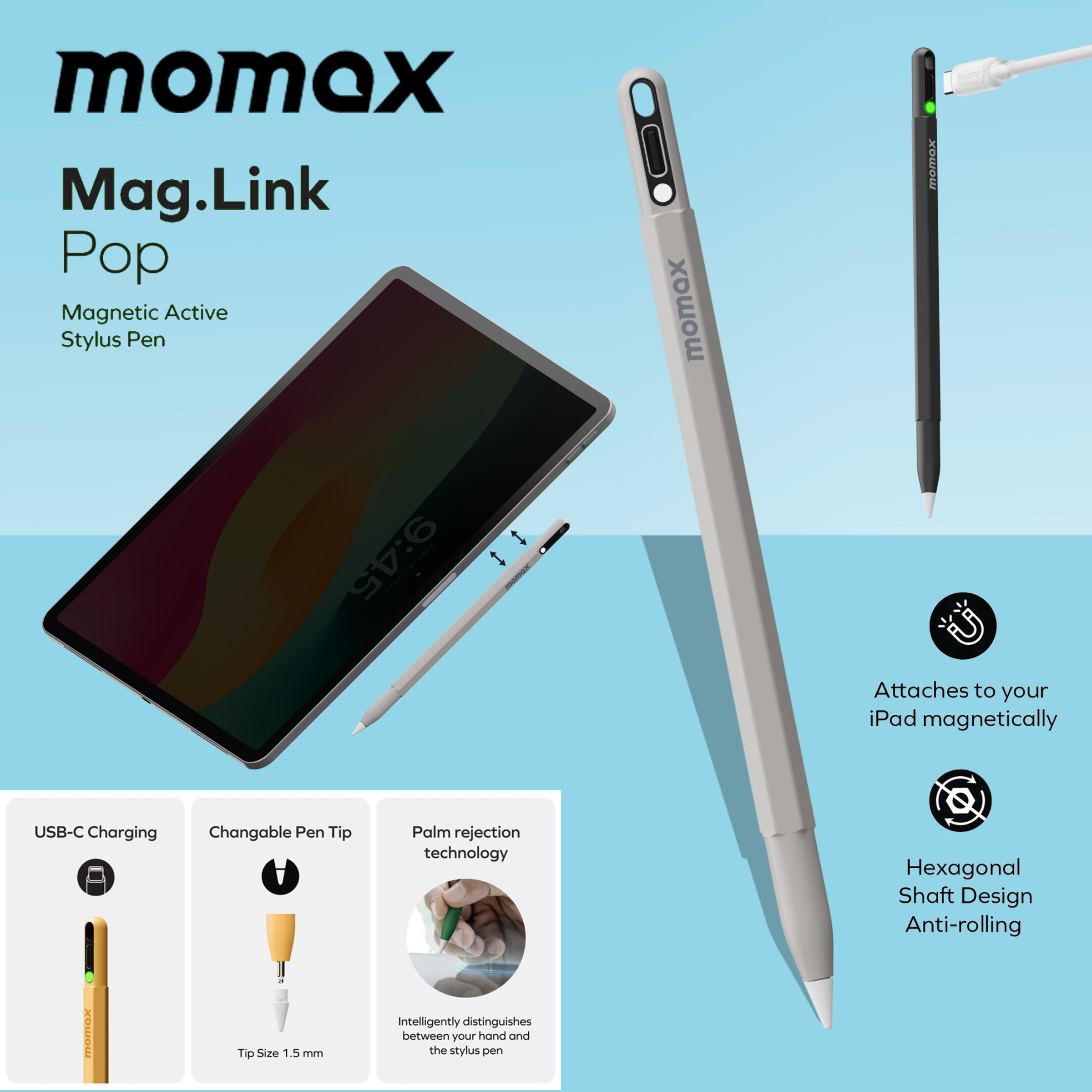 MOMAX Mag.Link Pop 主動式電容觸控筆 (灰色) TP10E《香港行貨》《2年保養》