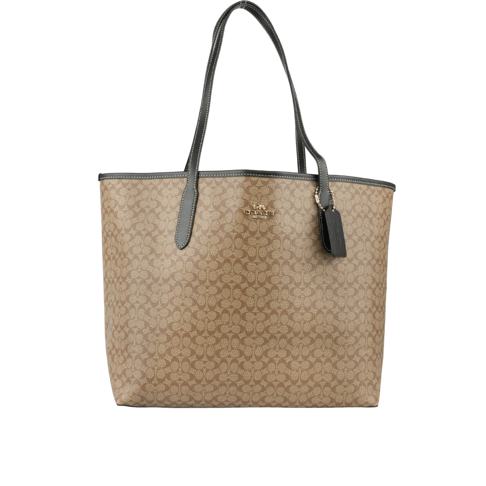 【COACH】City 滿版標誌塗層帆布托特包(卡其/黑色) CJ942 IMCBI