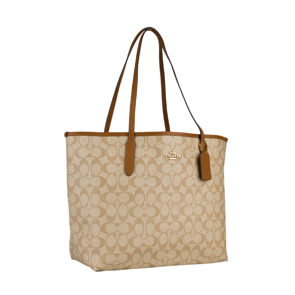 【COACH】City 塗層帆布托特包(淺卡其/焦糖色) 5696 IMNLJ