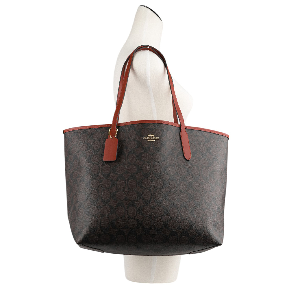 【COACH】City 塗層帆布托特包(巧克力色/紅色) 5696 IMRVQ