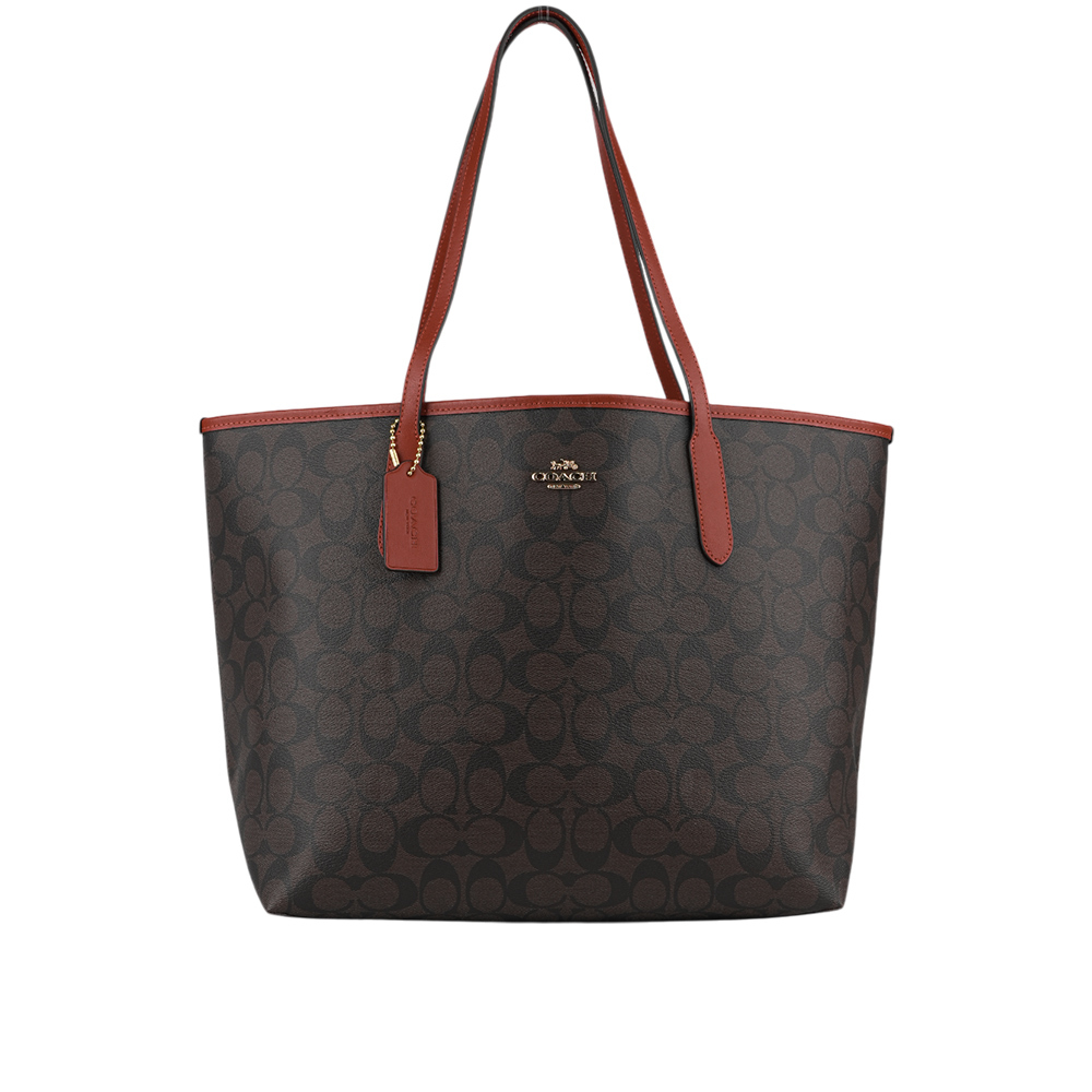 【COACH】City 塗層帆布托特包(巧克力色/紅色) 5696 IMRVQ