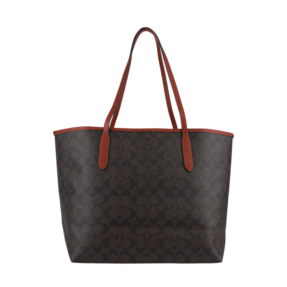 【COACH】City 塗層帆布托特包(巧克力色/紅色) 5696 IMRVQ