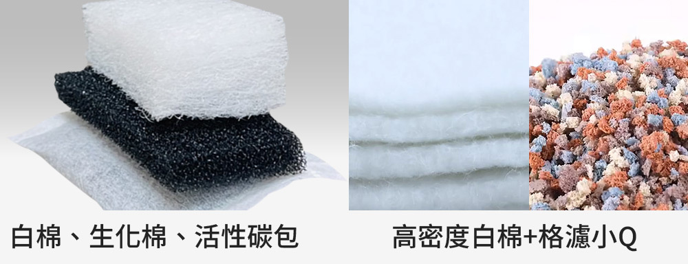 三合一過濾棉包(白棉、生化棉、活性碳包)、高密度白棉、格濾小Q
