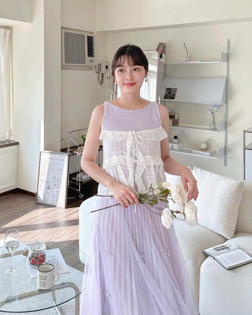 LINA LINA清新可愛刺繡荷葉滾邊蝴蝶結背心-純潔白