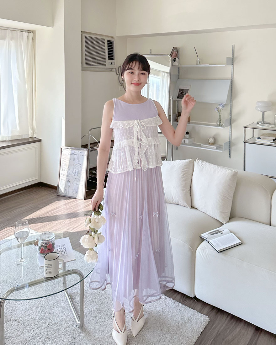 LINA LINA清新可愛刺繡荷葉滾邊蝴蝶結背心-純潔白