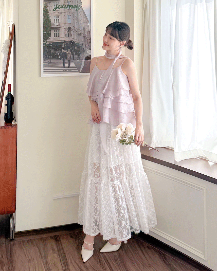 LINA LINA心動華爾滋立體雕花蕾絲層次紗裙-優雅白