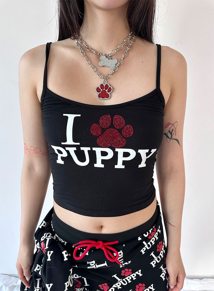 ArtByTastybabe I LOVE PUPPY 燙鑽修身 吊帶背心