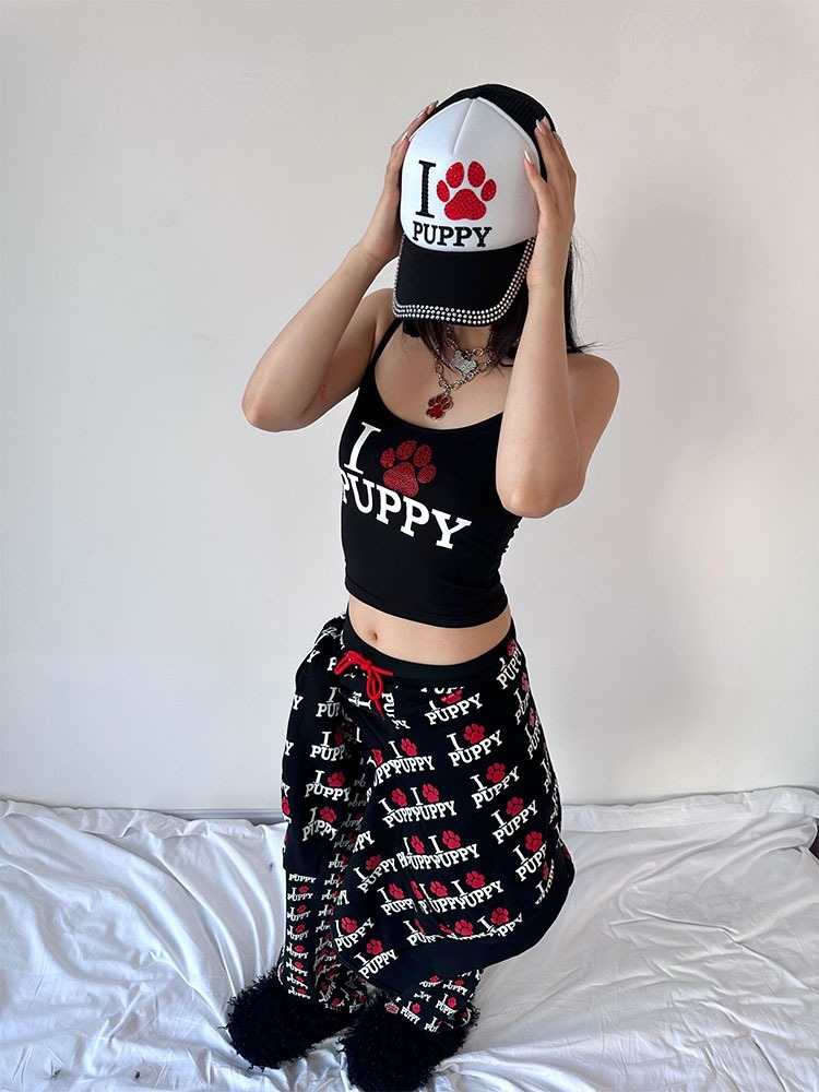 ArtByTastybabe I LOVE PUPPY 燙鑽修身 吊帶背心