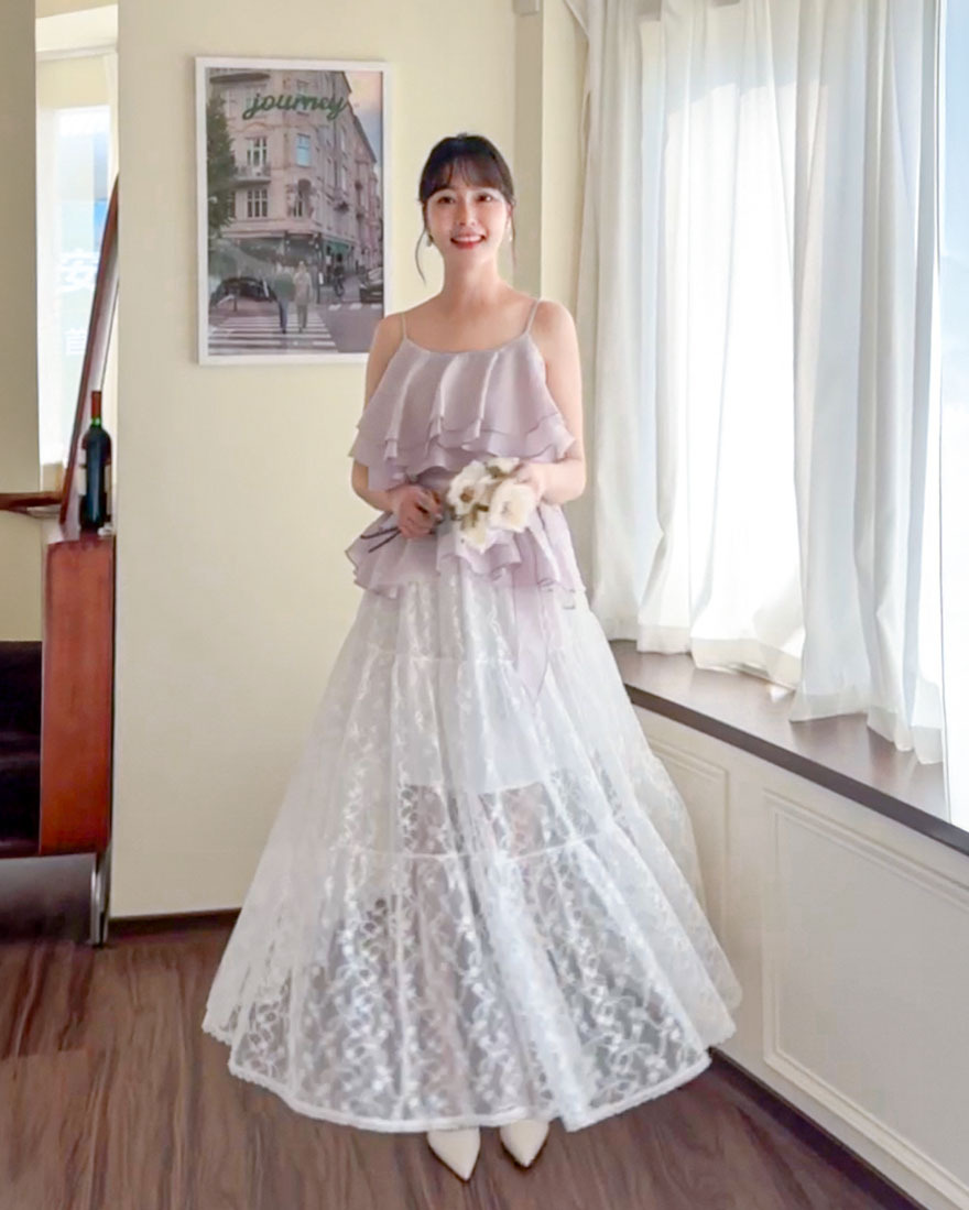 LINA LINA心動華爾滋立體雕花蕾絲層次紗裙-優雅白