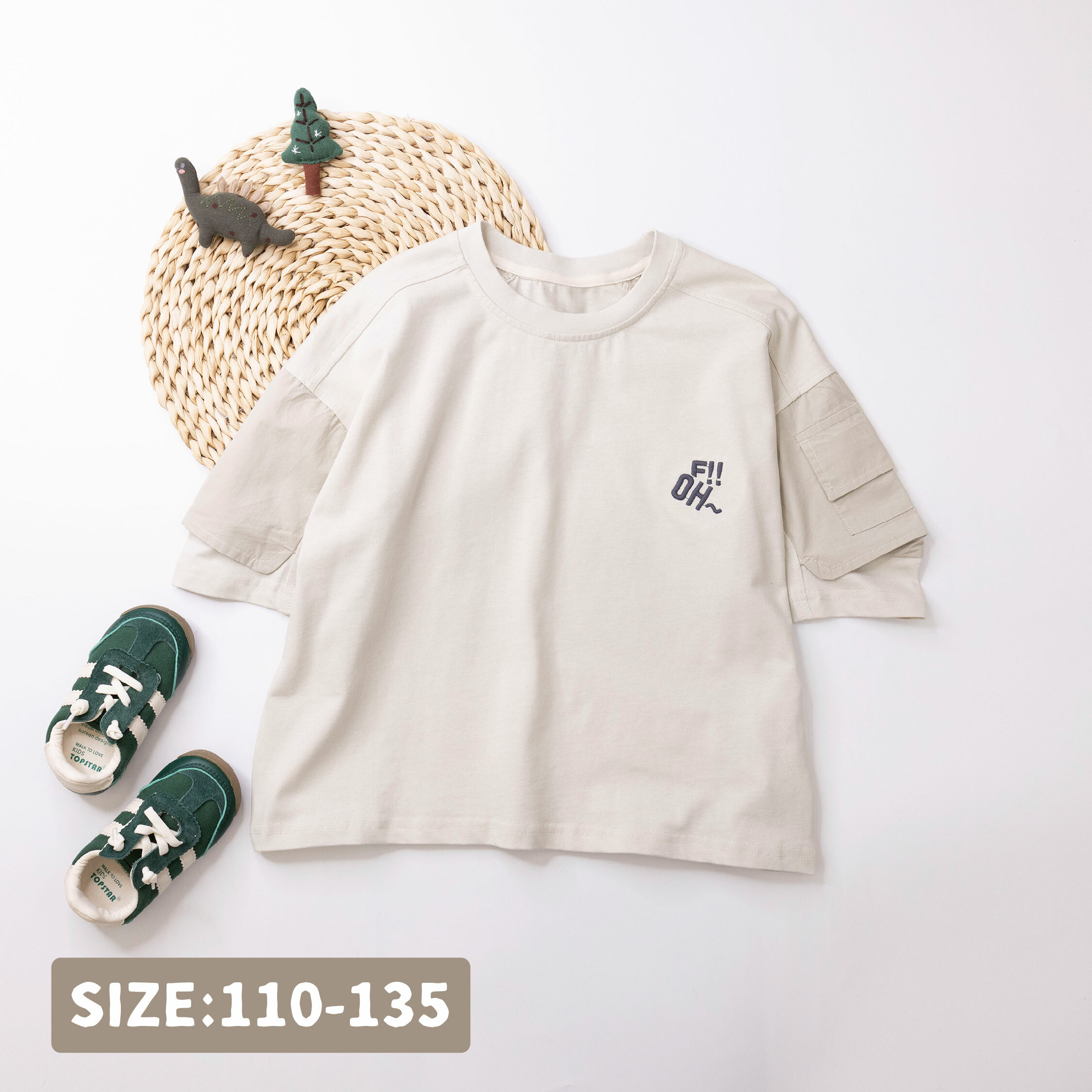 【H50148】OH!刺繡口袋設計圓領上衣/短T