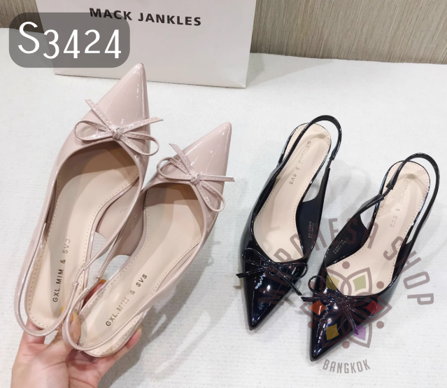 S3424 - 羊漆皮蝴蝶結後踭扣帶尖頭高踭涼鞋