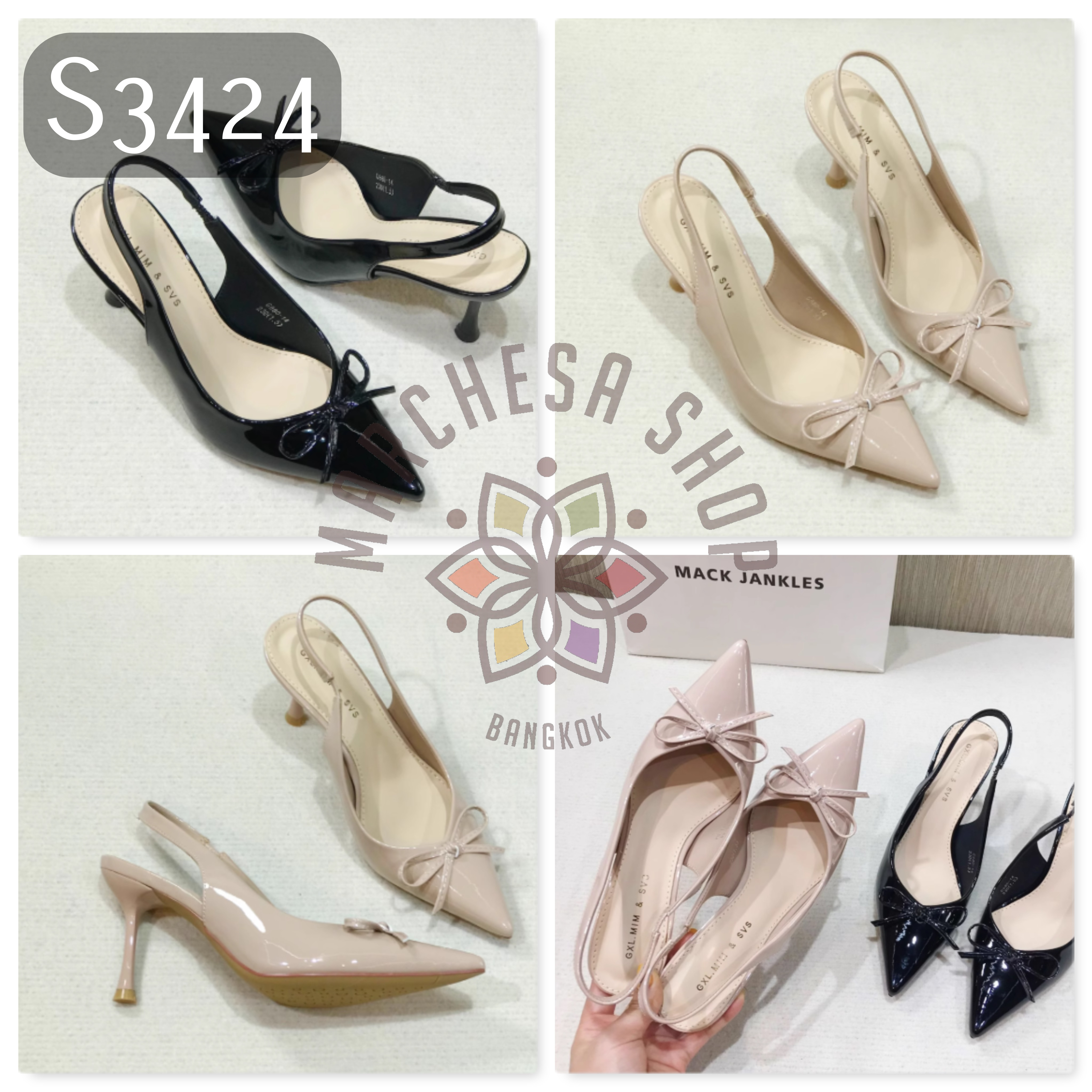 S3424 - 羊漆皮蝴蝶結後踭扣帶尖頭高踭涼鞋