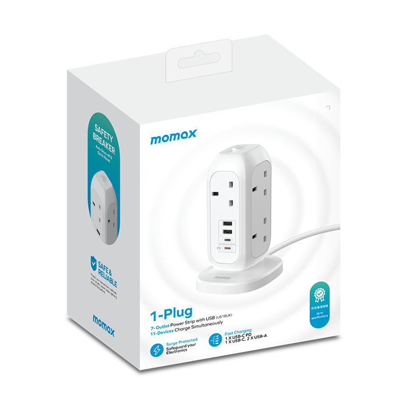MOMAX 7插位+4USB 慳位直立式拖板 (PD20W USB-C+快充USB-A) | 1-PLUG (白) US18UKW《香港行貨》《2年保養》