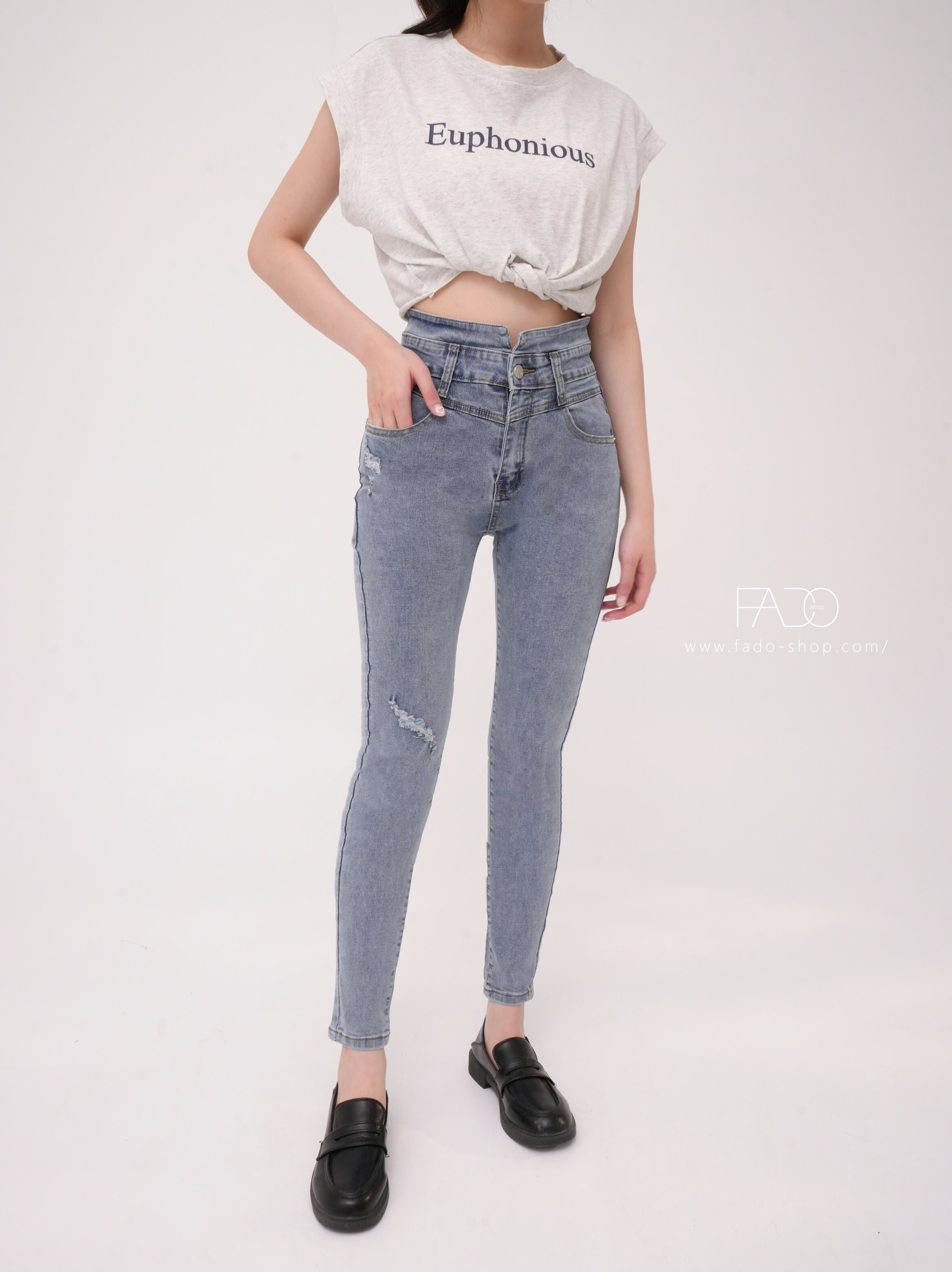 法朵Fado shop｜單釦高腰彈力褲 259C021 藍S-XL