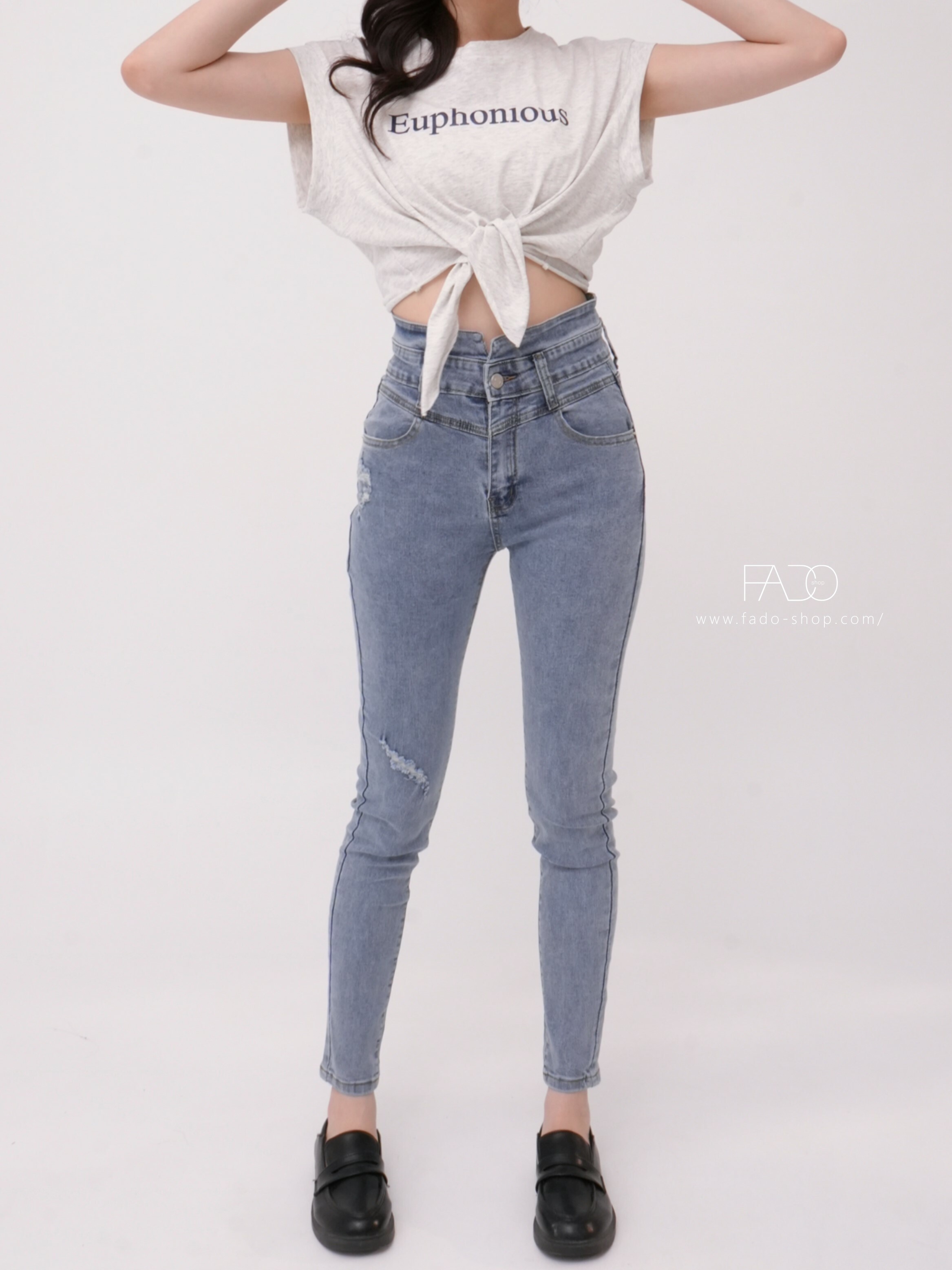 法朵Fado shop｜單釦高腰彈力褲 259C021 藍S-XL